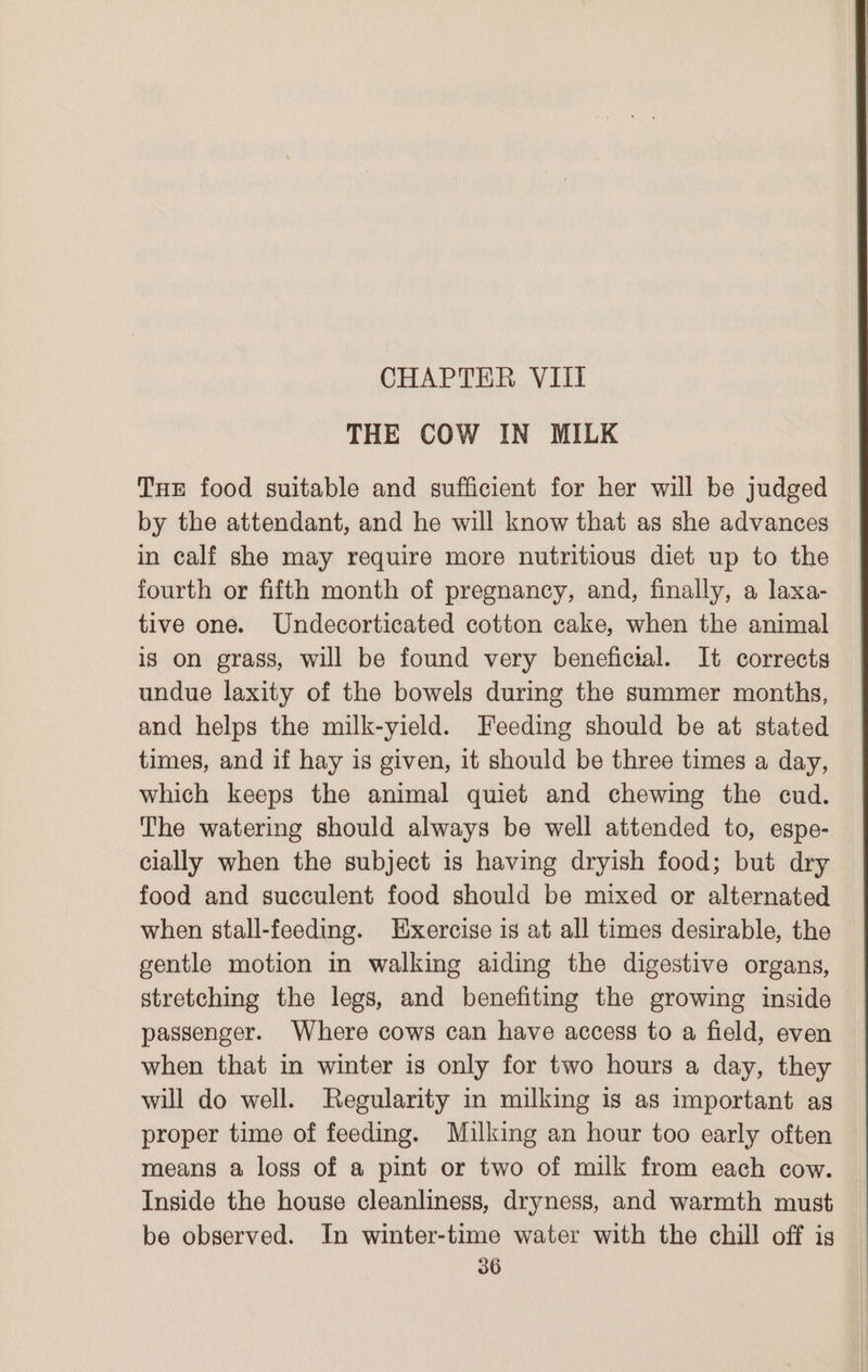 THE COW IN MILK THe food suitable and sufficient for her will be judged by the attendant, and he will know that as she advances in calf she may require more nutritious diet up to the fourth or fifth month of pregnancy, and, finally, a laxa- tive one. Undecorticated cotton cake, when the animal is on grass, will be found very beneficial. It corrects undue laxity of the bowels during the summer months, and helps the milk-yield. Feeding should be at stated times, and if hay is given, it should be three times a day, which keeps the animal quiet and chewing the cud. The watering should always be well attended to, espe- cially when the subject is having dryish food; but dry food and succulent food should be mixed or alternated when stall-feeding. Exercise is at all times desirable, the gentle motion in walking aiding the digestive organs, stretching the legs, and benefiting the growing inside passenger. Where cows can have access to a field, even when that in winter is only for two hours a day, they will do well. Regularity in milking is as important as proper time of feeding. Milking an hour too early often means a loss of a pint or two of milk from each cow. Inside the house cleanliness, dryness, and warmth must be observed. In winter-time water with the chill off is