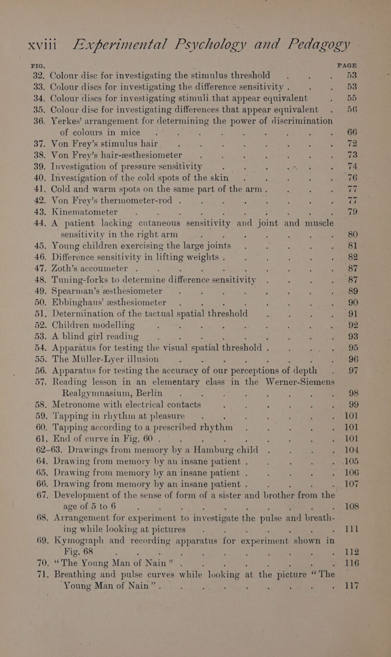 FIG, PAGE 32. Colour dise for investigating the stimulus threshold. : Seat 33. Colour discs for investigating the difference sensitivity . : cate 34. Colour dises for investigating stimuli that appear equivalent ita 35. Colour dise for investigating differences that appear equivalent . 56 36. Yerkes’ arrangement for determining the power of discrimination of cololirs in’ mice yy ; : : fe G8 37. Von Frey’s stimulus hair ; : : : oie 38. Von Frey’s hair-eesthesiometer —. ; : oh ae 39. Investigation of pressure sensitivity ; Wihee « Ve 40. Investigation of the cold spots of the skin 7 41. Cold and warm spots on the same part of the arm . : si nora 42. Von Frey’s thermometer-rod . : ; ; : ray 43, Kinematometer d 44, A patient lacking citaneons yeast and i and mele sensitivity in the right arm ‘ : ‘ . : st: &lt;a 45. Young children exercising the large joints : oe 46. Difference sensitivity in lifting w eights : : bs aie 47, Zoth’s accoumeter . : ; ; ; &lt;&lt; ae: 48. Tuning-forks to determine ifort sensitivity : ‘ ; ee 49. Spearman’s esthesiometer —. : : : : ; » 89 50. Ebbinghaus’ esthesiometer —. : : : - ae 51, betenrtmauen of the tactual spatial fuceshate : «.- SOb 52. Children modelling ; , ; : panes 53. A blind girl ae ifs ; éf=33 54. Nae for testing the visual annual threshold , *: oy oll a 55. The Miiller-Lyer iiniee : . 96 56. Apparatus for testing the accuracy of our reperce tions of depth eo 57. Reading lesson in an elementary class in the Werner-Siemens Realgymnasium, Berlin. ; : : : : mm OB 58. Metronome with electrical contacts ‘ : : : RI 59. ‘lapping inrhythm at pleasure. “ ; : ; - “401 60. Tapping accor ding to a prescribed rhy tin ; ; ee Ce 61. End of curve in Fig. OU eile: , , : : Bes 10) | 62-63. Drawings from memory by a Haminire ane é : # 8.104 64, Drawing fom memory by an insane patient . : : : zrrekOO 65. Drawing from memory by an insane patient . 3 LOG 66. Drawing from memory by an insane patient . 107 67. Development of the sense of form of a sister and beathe eof the age of 5 to 6 108 68. Arrancement for experiment i caveats the pulse and presi ing hula looking at pictures. 111 69. Kymograph and recording apparatus for pte ee show n in Fig, 68 : ; ; : ; , : ‘ ; » Ae Tet Pah The Young Man of Nain ” ; 116 71. Breathing and pulse curves while igelne at the pices He The Young Man of Nain” te ar