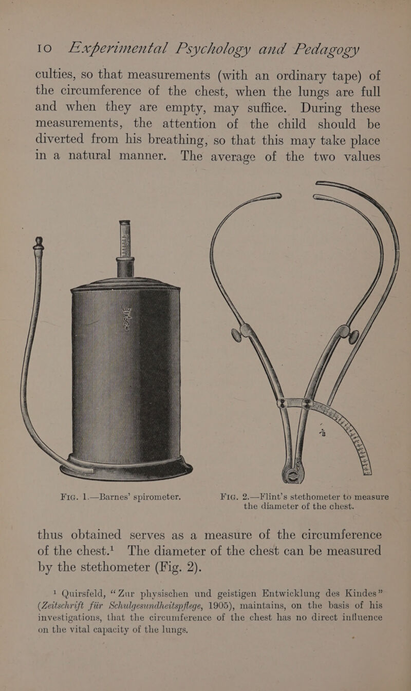 culties, so that measurements (with an ordinary tape) of the circumference of the chest, when the lungs are full and when they are empty, may suffice. During these measurements, the attention of the child should be diverted from his breathing, so that this may take place in a natural manner. The average of the two values mre } Fig. 1.—Barnes’ spirometer. Fig. 2.—Flint’s stethometer to measure the diameter of the chest. thus obtained serves as a measure of the circumference of the chest. The diameter of the chest can be measured by the stethometer (Fig. 2). 1 Quirsfeld, “Zur physischen und geistigen Entwicklung des Kindes” (Zeitschrift fiir Schulgesundheitspflege, 1905), maintains, on the basis of his investigations, that the circumference of the chest has no direct influence on the vital capacity of the lungs. |