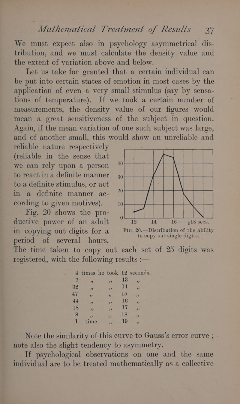 We must expect also in psychology asymmetrical dis- tribution, and we must calculate the density value and the extent of variation above and below. Let us take for granted that a certain individual can be put into certain states of emotion in most cases by the application of even a very small stimulus (say by sensa- tions of temperature). If we took a certain number of measurements, the density value of our figures would mean a great sensitiveness of the subject in question. Again, if the mean variation of one such subject was large, and of another small, this would show an unreliable and to react ina definite manner 2 to a definite stimulus, or act ductive power of an adult 12 14 16 ~~ IN secs. in copying out digits for a Fie. 20.—Distribution of the ability reliable nature respectively (reliable in the sense that esa See ae we can rely upon a person Aes in a definite manner ac- ee cording to given motives). —_10 \ Fig. 20 shows the pro- : : opy out single digits. — period of several hours. Pines saa oe ee The time taken to copy out each set of 25 digits was registered, with the following results :— 4 times he took 12 seconds. 7 de iy) 13 ” 32 ”? ” 14 ” 47 ” ”? 15 ’9 44 eo 3 Lbarsss 18 3 9 17 ”? 8 ” y? 18 ”? Le bime 19 * Note the similarity of this curve to Gauss’s error curve ; note also the slight tendency to asymmetry. If psychological observations on one and the same individual are to be treated mathematically as a collective