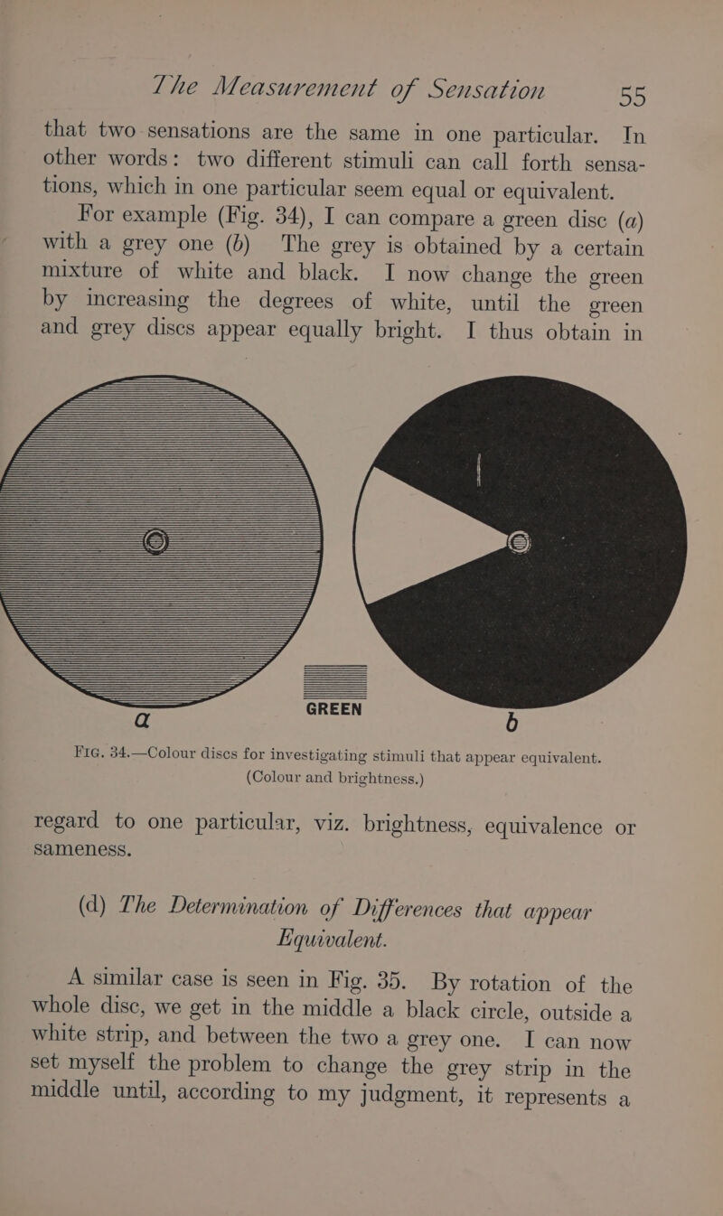 that two sensations are the same in one particular. In other words: two different stimuli can call forth sensa- tions, which in one particular seem equal or equivalent. For example (Fig. 34), I can compare a green disc (a) with a grey one (6) The grey is obtained by a certain mixture of white and black. I now change the ereen by increasing the degrees of white, until the green and grey discs appear equally bright. I thus obtain in —— SS GREEN 5 Fie. 34.—Colour discs for investigating stimuli that appear equivalent. (Colour and brightness.) regard to one particular, viz. brightness, equivalence or sameness. (d) The Determination of Differences that appear Equivalent. A similar case is seen in Fig. 35. By rotation of the whole disc, we get in the middle a black circle, outside a white strip, and between the two a grey one. I can now set myself the problem to change the grey strip in the middle until, according to my judgment, it represents a