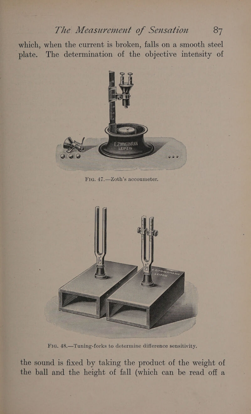 which, when the current is broken, falls on a smooth steel plate. The determination of the objective intensity of Fie. 48.—Tuning-forks to determine difference sensitivity. the sound is fixed by taking the product of the weight of the ball and the height of fall (which can be read off a