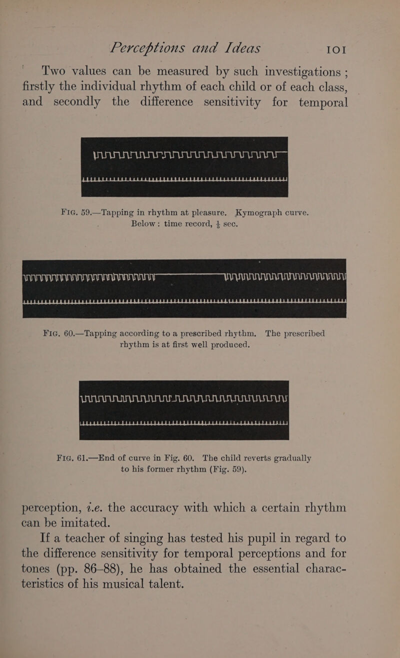 | Two values can be measured by such investigations ; firstly the individual rhythm of each child or of each class, and secondly the difference sensitivity for temporal Fie, 59.—Tapping in rhythm at pleasure. Kymograph curve. Below: time record, ¢ sec. Fic. 60.—Tapping according to a prescribed rhythm, The prescribed rhythm is at first well produced. Fig. 61.—End of curve in Fig. 60. The child reverts gradually to his former rhythm (Fig. 59). perception, 2.e. the accuracy with which a certain rhythm can be imitated. | If a teacher of singing has tested his pupil in regard to the difference sensitivity for temporal perceptions and for tones (pp. 86-88), he has obtained the essential charac- teristics of his musical talent.