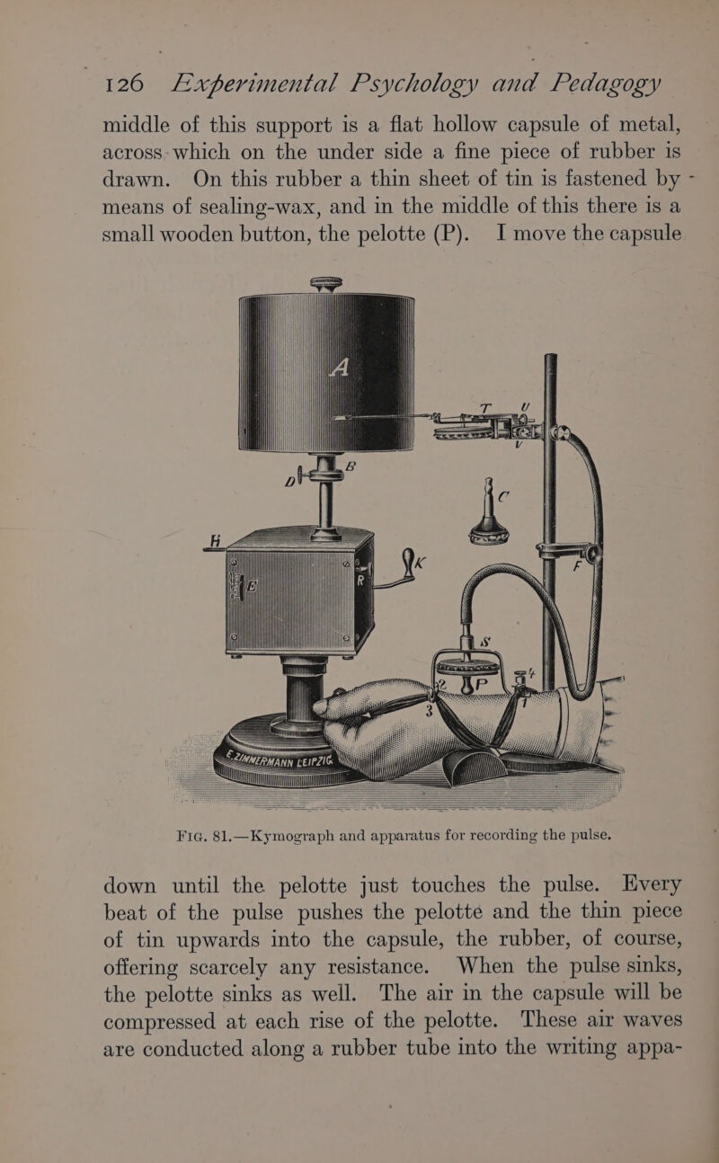 middle of this support is a flat hollow capsule of metal, across-which on the under side a fine piece of rubber is drawn. On this rubber a thin sheet of tin is fastened by - means of sealing-wax, and in the middle of this there is a small wooden button, the pelotte (P). I move the capsule Fig. 81.—Kymograph and apparatus for recording the pulse. down until the pelotte just touches the pulse. Hvery beat of the pulse pushes the pelotte and the thin piece of tin upwards into the capsule, the rubber, of course, offering scarcely any resistance. When the pulse sinks, the pelotte sinks as well. The air in the capsule will be compressed at each rise of the pelotte. These air waves are conducted along a rubber tube into the writing appa-