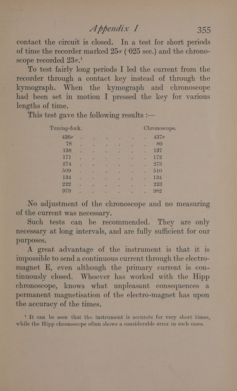 contact the circuit is closed. In a test for short periods of time the recorder marked 25c¢ (-025 sec.) and the chrono- scope recorded 23c. To test fairly long periods I led the current from the recorder through a contact key instead of through the kymograph. When the kymograph and _ chronoscope had been set in motion I pressed the key for various lengths of time. This test gave the following results :— Tuning-fork. Chronoscope. 4360 4370 78 80 138 137 Ll 172 274 275 509 510 134 134 222 223 979 982 No adjustment of the chronoscope and no measuring of the current was necessary. Such tests can be recommended. They are only necessary at long intervals, and are fully sufficient for our purposes, A great advantage of the instrument is that it is impossible to send a continuous current through the electro- magnet H, even although the primary current is con- tinuously closed. Whoever has worked with the Hipp chronoscope, knows what unpleasant consequences a permanent magnetisation of the electro-magnet has upon the accuracy of the times. ‘ It can be seen that the instrument is accurate for very short times, while the Hipp chronoscope often shows a considerable error in such cases,