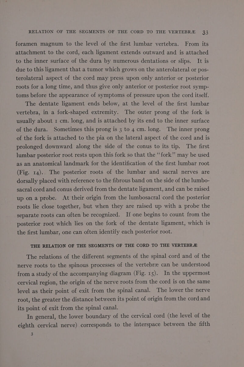 foramen magnum to the level of the first lumbar vertebra. From its attachment to the cord, each ligament extends outward and is attached to the inner surface of the dura by numerous dentations or slips. It is due to this ligament that a tumor which grows on the anterolateral or pos- terolateral aspect of the cord may press upon only anterior or posterior roots for a long time, and thus give only anterior or posterior root symp- toms before the appearance of symptoms of pressure upon the cord itself. The dentate ligament ends below, at the level of the first lumbar vertebra, in a fork-shaped extremity. The outer prong of the fork is usually about 1 cm. long, and is attached by its end to the inner surface of the dura. Sometimes this prong is 3 to 4 cm. long. The inner prong of the fork is attached to the pia on the lateral aspect of the cord and is prolonged downward along the side of the conus to its tip. The first lumbar posterior root rests upon this fork so that the “fork” may be used as an anatomical landmark for the identification of the first lumbar root (Fig. 14). The posterior roots of the lumbar and sacral nerves are dorsally placed with reference to the fibrous band on the side of the lumbo- sacral cord and conus derived from the dentate ligament, and can be raised up on a probe. At their origin from the lumbosacral cord the posterior roots lie close together, but when they are raised up with a probe the separate roots can often be recognized. If one begins to count from the posterior root which lies on the fork of the dentate ligament, which is the first lumbar, one can often identify each posterior root. THE RELATION OF THE SEGMENTS OF THE CORD TO THE VERTEBR/ The relations of the different segments of the spinal cord and of the nerve roots to the spinous processes of the vertebre can be understood from a study of the accompanying diagram (Fig. 15). In the uppermost cervical region, the origin of the nerve roots from the cord is on the same level as their point of exit from the spinal canal. The lower the nerve root, the greater the distance between its point of origin from the cord and its point of exit from the spinal canal. In general, the lower boundary of the cervical cord (the level of the eighth cervical nerve) corresponds to the interspace between the fifth 3