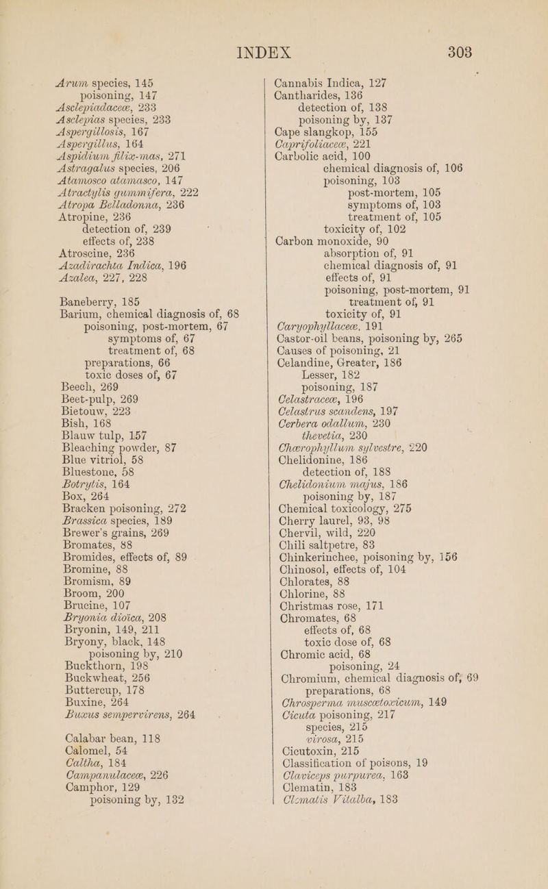 poisoning, 147 Asclepiadacee, 233 Asclepias species, 233 Aspergillosis, 167 Aspergillus, 164 Aspidium filix-mas, 271 Astragalus species, 206 Atamosco atamasco, 147 Atractylis gumamifera, 222 Atropa Belladonna, 236 Atropine, 236 detection of, 239 effects of, 238 Atroscine, 236 Azadirachta Indica, 196 Azalea, 227, 228 Baneberry, 185 Barium, chemical diagnosis of, 68 poisoning, post-mortem, 67 symptoms of, 67 treatment of, 68 preparations, 66 toxic doses of, 67 Beech, 269 Beet-pulp, 269 Bietouw, 223 Bish, 168 Blauw tulp, 157 Bleaching powder, 87 Blue vitriol, 58 Bluestone, 58 Botrytis, 164 Box, 264 Bracken poisoning, 272 Brassica species, 189 Brewer's grains, 269 Bromates, 88 Bromides, effects of, 89 Bromine, 88 Bromism, 89 Broom, 200 Brucine, 107 Bryonia dioica, 208 Bryonin, 149, 211 Bryony, black, 148 poisoning by, 210 Buckthorn, 198 Buckwheat, 256 Buttercup, 178 Buxine, 264 Buxus sempervirens, 264 Calabar bean, 118 Calomel, 54 Caltha, 184 Campanulacece, 226 Camphor, 129 poisoning by, 132 INDEX 303 Cantharides, 1386 detection of, 138 poisoning by, 137 Cape slangkop, 155 Caprifoliacece, 221 Carbolic acid, 100 chemical diagnosis of, 106 poisoning, 103 post-mortem, 105 symptoms of, 103 treatment of, 105 toxicity of, 102 Carbon monoxide, 90 absorption of, 91 chemical diagnosis of, 91 effects of, 91 poisoning, post-mortem, 91 treatment of, 91 toxicity of, 91 Caryophyllacee, 191 Castor-oil beans, poisoning by, 265 Causes of poisoning, 21 Celandine, Greater, 186 Lesser, 182 poisoning, 187 Celastracee, 196 Celastrus scandens, 197 Cerbera odallum, 230 thevetia, 230 Cheerophyllum sylvestre, 220 Chelidonine, 186 detection of, 188 Chelidonium majus, 186 poisoning by, 187 Chemical toxicology, 275 Cherry laurel, 98, 98 Chervil, wild, 220 Chili saltpetre, 83 Chinkerinchee, poisoning by, 156 Chinosol, effects of, 104 Chlorates, 88 Chlorine, 88 Christmas rose, 171 Chromates, 68 effects of, 68 toxic dose of, 68 Chromic acid, 68 poisoning, 24 Chromium, chemical diagnosis of; 69 preparations, 68 Chrosperma muscetoxicum, 149 Cicuta poisoning, 217 species, 215 virosa, 215 Cicutoxin, 215 Classification of poisons, 19 Claviceps purpurea, 168 Clematin, 183 Clematis Vitalba, 188