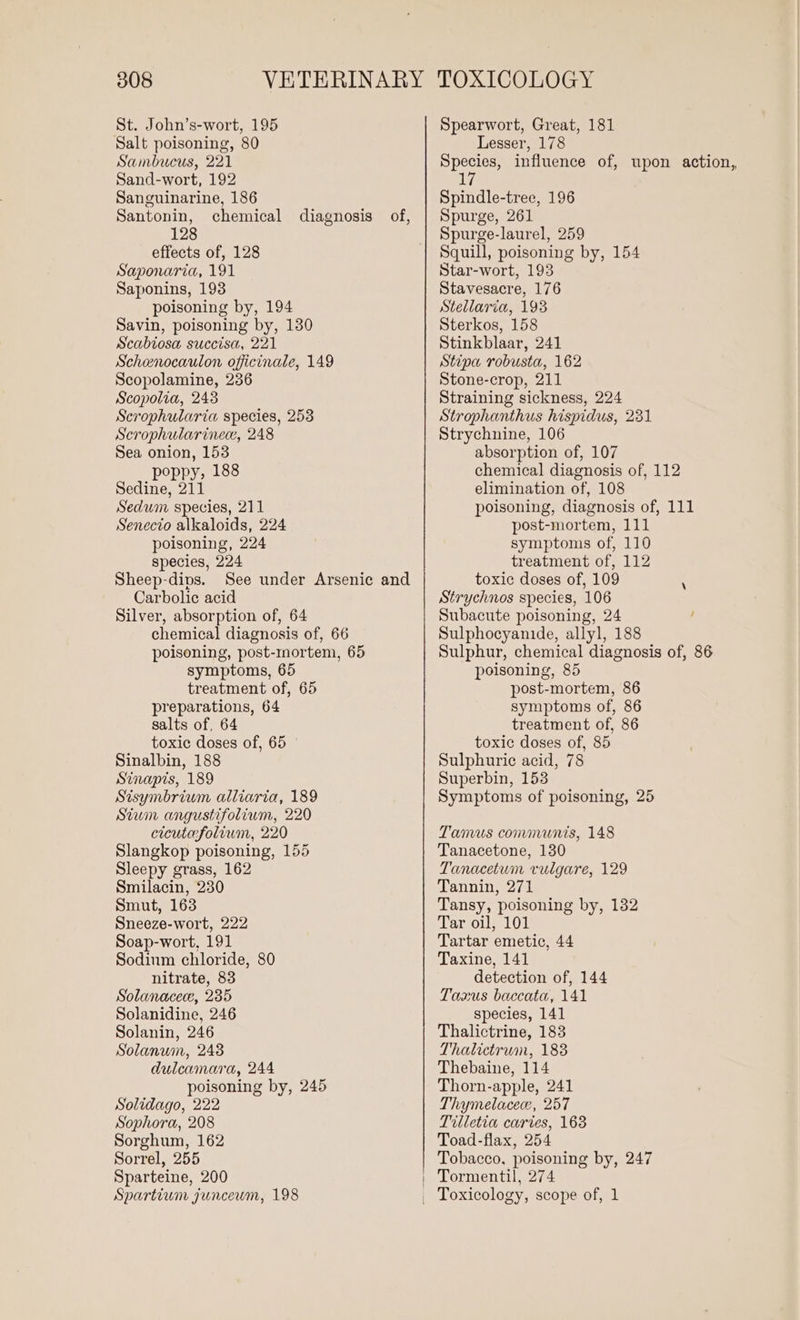 St. John’s-wort, 195 Salt poisoning, 80 Sambucus, 221 Sand-wort, 192 Sanguinarine, 186 Santonin, chemical diagnosis of, 128 effects of, 128 Saponaria, 191 Saponins, 193 poisoning by, 194 Savin, poisoning by, 130 Scabtosa succisa, 221 Schenocaulon officinale, 149 Scopolamine, 236 Scopolia, 243 Scrophularia species, 253 Scrophularinec, 248 Sea onion, 153 poppy, 188 Sedine, 211 Sedum species, 211 Senecio alkaloids, 224 poisoning, 224 species, 224 Sheep-dips. See under Arsenic and Carbolic acid Silver, absorption of, 64 chemical diagnosis of, 66 poisoning, post-mortem, 65 symptoms, 65 treatment of, 65 preparations, 64 salts of, 64 toxic doses of, 65 Sinalbin, 188 Sinapis, 189 Sisymbrium alliaria, 189 Sium angustifolium, 220 cicutecfolium, 220 Slangkop poisoning, 155 Sleepy grass, 162 Smilacin, 230 Smut, 163 Sneeze-wort, 222 Soap-wort, 191 Sodinm chloride, 80 nitrate, 83 Solanacece, 235 Solanidine, 246 Solanin, 246 Solanum, 248 dulcamara, 244 poisoning by, 245 Solidago, 222 Sophora, 208 Sorghum, 162 Sorrel, 255 Sparteine, 200 Spartium jgunceum, 198 Spearwort, Great, 181 Lesser, 178 Species, influence of, upon action, 17 Spindle-tree, 196 Spurge, 261 Spurge-laurel, 259 Squill, poisoning by, 154 Star-wort, 193 Stavesacre, 176 Stellaria, 193 Sterkos, 158 Stinkblaar, 241 Stipa robusta, 162 Stone-crop, 211 Straining sickness, 224 Strophanthus hispidus, 231 Strychnine, 106 absorption of, 107 chemical diagnosis of, 112 elimination of, 108 poisoning, diagnosis of, 111 post-mortem, 111 symptoms of, 110 treatment of, 112 toxic doses of, 109 Strychnos species, 106 Subacute poisoning, 24 , Sulphocyanide, allyl, 188 Sulphur, chemical diagnosis of, 86 poisoning, 85 post-mortem, 86 symptoms of, 86 treatment of, 86 toxic doses of, 85 Sulphuric acid, 78 Superbin, 153 Symptoms of poisoning, 25 = Tamus communis, 148 Tanacetone, 130 Tanacetum vulgare, 129 Tannin, 271 Tansy, poisoning by, 132 Tar oil, 101 Tartar emetic, 44 Taxine, 141 detection of, 144 Taxus baccata, 141 species, 141 Thalictrine, 183 Thalictrum, 183 Thebaine, 114 Thorn-apple, 241 Thymelacece, 257 Tilletia caries, 163 Toad-flax, 254 Tobacco, poisoning by, 247