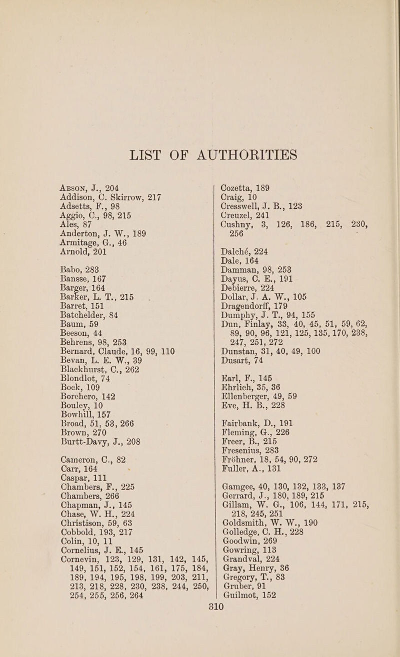 ABSON, J., 204 Addison, C. Skirrow, 217 Adsetts, F., 98 Aggio, C., 98, 215 Ales, 8 Anderton, J. W., 189 Armitage, G., 46 Arnold, 201 Babo, 283 Bansse, 167 Barger, 164 Barker, L. T., 215 Barret, 151 Batchelder, 84 Baum, 59 Beeson, 44 Behrens, 98, 253 Bernard, Claude, 16, 99, 110 Bevan, L. E. W., 39 Blackhurst, C., 262 Blondlot, 74 Bock, 109 Borchero, 142 Bouley, 10 Bowhill, 157 Broad, 51, 53, 266 Brown, 270 Burtt-Davy, J., 208 Cameron, C., 82 Carr, 164 . Caspar, 111 Chambers, F., 225 Chambers, 266 Chapman, J., 145 Chase, W. H., 224 Christison, 59, 63 Cobbold, 193, 217 Colin, 10, 11 Cornelius, J. E., 145 254, 255, 256, 264 Cozetta, 189 Craig, 10 Cresswell, J. B., 128 Creuzel, 241 Cushny, 38, 126, 186, 215, 280, 256 Dalché, 224 Dale, 164 Damman, 98, 253 Dayus, C. E., 191 Debierre, 224 Dollar, J. A. W., 105 Dragendorff, 179 Dumphy, J. T., 94, 155 Dun, Finlay, 33, 40, 45, 51, 59, 62, 89, 90, 96, 121, 125, 185, 170, 238, PUNE PASS TE Dunstan, 31, 40, 49, 100 Dusart, 74 Karl, F., 145 Ehrlich, 35, 36 Ellenberger, 49, 59 Eve, H. B., 228 Fairbank, D., 191 Fleming, G., 226 Freer, B., 215 Fresenius, 283 Fréhner, 18, 54, 90, 272 Fuller, A., 131 Gamgee, 40, 130, 132, 133, 137 Gerrard, J., 180, 189, 215 Gillam, W. G., 106, 144, 171, 215, 218, 245, 251 Goldsmith, W. W., 190 Golledge, C. H., 228 Goodwin, 269 Gowring, 1138 Grandval, 224 Gray, Henry, 36 Gregory, T., 83 Gruber, 91 Guilmot, 152