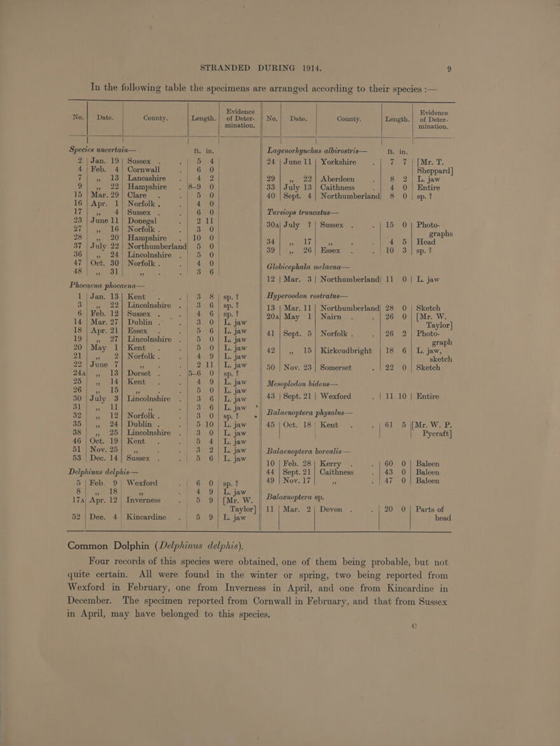 Evidence Evidence No. Date. County. Length..| of Deter- || No Date. County. Length.| of Deter- mination, mination. ) : a Species uncertain— fs in. Lagenorhynchus albirostris-— ft. in, 2 | Jan. 19) Sussex 5 4 | 24 | June 11 | Yorkshire Geet Mes T: 4 |Feb. 4} Cornwall On Sheppard] 7 ,, 13] Lancashire 4 2 29 » 22] Aberdeen 8 2 | L. jaw 9 | ,, 22} Hampshire 8-9 0 33 | July 13 | Caithness ; 4 0 | Entire 15 | Mar. 29| Clare. 5 0 40 | Sept. 4] Northumberland) 8 0 | sp.? 16 | Apr. 1] Norfolk. 4 0 17} ,, 4] Sussex 6-0, Tursiops truncatus— 23 | June 11! Donegal ae AM 9 q a7 | , 16| Nort te 3 0 30a| July 7? | Sussex 15 0 | Photo  : graphs 28 » 20) Hampshire i@ @ 34 17 ees ead 37 | July 22| Northumberland) 5 0 | 36 il MOG | Renee 10 3 | sp.? 36 | ,, 24) Lincolnshire Ou i + n Oct. a Norfolk . 5 : Globicephala melaena— = ‘ 12 | Mar. 3] Northumberland| 11 0 | L. jaw Phocaena phocaena— 1 | Jan. 13) Kent 3 8 | sp.? Hyperoodon rostratus— 35, 22) Lincolnshire 3. 6 | sp.? 13 | Mar. 11{ Northumberland| 28 0 | Sketch 6 | Feb. 12) Sussex | + 6 | sp.? 204} May 1| Nairn 26 0 | [Mr. W. 14 | Mar. 27 | Dublin . |} 3 0} L. jaw ; Taylor] 18 | Apr. 21 | Essex | 5 6 | Li jaw | 41 | Sept. 5} Norfolk . 26 2} Photo- 19 | ,, 27] Lincolnshire 5 0 | L. jaw graph 20 May 1) Kent 5 O|Ljaw | 42] , 15| Kirkcudbright | 18 6 | L. jaw, Zee) cule Nortolley, 4 9 | L. jaw sketch 22 | June 7 ~ 2 11 | L. jaw 50 | Nov. 23 | Somerset 22 0 | Sketch 244) ,, 13] Dorset 5-6 0 | sp. ? ; ie ” ‘ Kent 4 ; : jaw Mesoplodon bidens— 4 bbl br) 0 3) bi Jaw My 30 July 3 | Lincolnshire 3 6 vs jaw 43 Sept. 21 | Wexford 11 10 | Entire 31 ee Ll a 3 6/| L.jaw * Bal i Al 59) y 3 12 Noriolke: SepOvirapa ye Mba ee rant 35 | ,, 24) Dublin . 5 10 | L. jaw 45 | Oct. 18 | Kent 61: Oi Mr. Wak. 38 | ,, 25) Lincolnshire | 3 0} L. jaw | Pycraft] 46 | Oct. 19 | Kent 5 4) L. jaw 51 | Nov. 25 ” 3 2) L. jaw Balaenoptera borealis — ns : eee ee RUE ee) al lot pehede k Korey 60 0 | Baleen Delphinus delphis— 44 | Sept. 21 | Caithness 43 0 | Baleen 5 | Feb. 9) Wexford 6 0 | sp? SEE ee: ei Ggeeen Sep snc a eee Balaenoptera s 17a) Apr. 12 | Inverness BO Nir. W. oP P- Taylor] || 11 | Mar. 2| Devon 20 0 | Parts of 52 | Dec. 4) Kincardine | 5 9 | L. jaw head December.