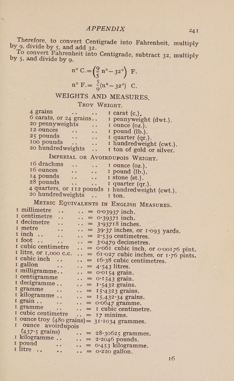 To convert Fahrenheit into by 5, and divide by 9. 241 grade into Fahrenheit, multiply Centigrade, subtract 32, multiply oe Bos n°— 32°) E. no Ps 2 (n° — 32°) Gc; 4 grains , sire 6 carats, or 24 grains.. 20 pennyweights 12 ounces 25 pounds 100 pounds 20 hundredweights I carat (c.), I pennyweight (dwt.). I ounce (0z.). I pound (Ib.). I quarter (qr.) 1 hundredweight (cwt.). 1 ton of gold or silver. 16 drachms 16 ounces 14 pounds 28 pounds 20 hundredweights I ounce (02.). 1 pound (Ib.). 1 stone (st.). I quarter (qr.). I hundredweight (cwt.). I ton. millimetre centimetre decimetre metre inch .. foot , cubic centimetre litre, or 1,000 c.c. cubic inch gallon é milligramme. . centigramme decigramme .. gramme ‘ kilogramme .. grain .. gramme ae cubic centimetre ounce troy (480 grains) ounce avoirdupois (437-5 grains) 1 kilogramme .., I pound I litre ee SI oD Ho ue i ce ee 0°03937 inch. 0°39371 inch. 3°93718 inches. 39°37 inches, or 1-093 yards. 2°539 centimetres. 3:04.79 decimetres. 0-061 cubic inch, or 0:00176 pint. 61-027 cubic inches, or 1-76 pints. 16-38 cubic centimetres. 4°543 litres. E O-O154 grain. 0°1543 grain. 1-5432 grains. 15°4323 grains. 15,432°34 grains. 0-0647 gramme. I cubic centimetre. 17 minims. 31-1034 grammes. 28-30625 grammes. 2°2046 pounds. 0-453 kilogramme. 0:220 gallon. 16