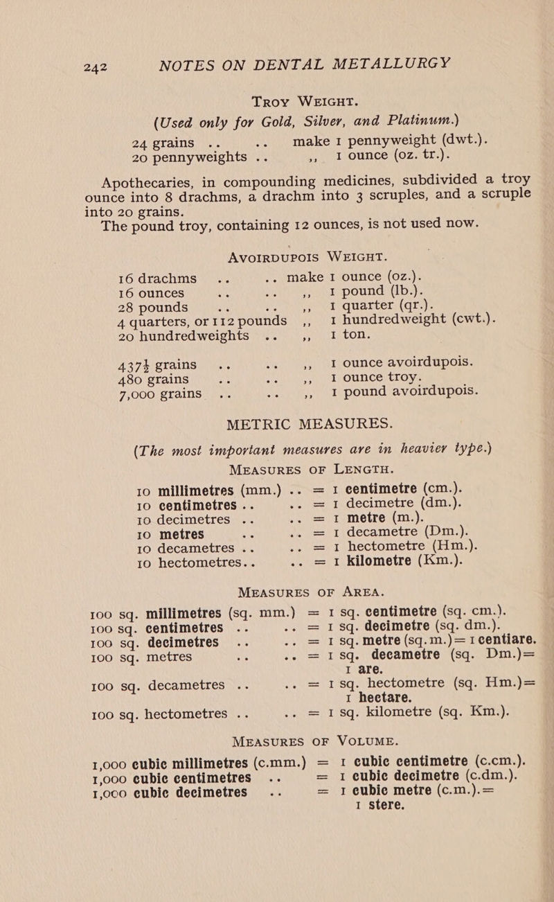 Troy WEIGHT. (Used only for Gold, Silver, and Platinum.) 24 grains .. .. make 1 pennyweight (dwt.). 20 pennyweights .. wet younce(OZatt.)&lt; Apothecaries, in compounding medicines, subdivided a troy ounce into 8 drachms, a drachm into 3 scruples, and a scruple into 20 grains. The pound troy, containing 12 ounces, is not used now. AVOIRDUPOIS WEIGHT. 16drachms .. .. make 1 ounce (0z.). 16 ounces ee oy ,, 1 pound (Ib.). 28 pounds és Co eer duarten (dis: 4 quarters, or11zpounds ,, 1 hundredweight (cwt.). 20 hundredweights .. ,, I ton. 437% grains... a6 ,, 1 ounce avoirdupois. 480 grains ay Hr nl Ounce: troy. 7,000 grains .. .. 4, 1 pound avoirdupois. METRIC MEASURES. (The most important measures ave in heavier type.) MEASURES OF LENGTH. 10 millimetres (mm.) .. 1 centimetre (cm.). 10 centimetres .. “ 1 decimetre (dm.). 10 decimetres .. 1 metre (m.). 10 metres 1 decametre (Dm.). 10 decametres .. 1 hectometre (Hm.). 10 hectometres.. 1 kilometre (Km.). Hut we dod MEASURES OF AREA. 100 sq. millimetres (sq. mm.) 1 sq. centimetre (sq. cm.). 100 sq. centimetres ; 1 sq. decimetre (sq. dm.). 100 sq. decimetres I sq. metre (sq.m.)= 1 centiare. 100 sq. metres I sq. decametre (sq. Dm.)= How td I are. 100 sq. decametres = 1$q. hectometre (sq. Hm.)= 1 heetare. 100 sq. hectometres .. .. = 18q. kilometre (sq. Km.). MEASURES OF VOLUME. 1,000 eubie millimetres (c.mm.) = 1 cubic centimetre (c.cm.). 1,000 cubic centimetres .. = 1 cubic decimetre (c.dm.). 1,000 eubie decimetres A I eae metre (c.m.).= I stere.