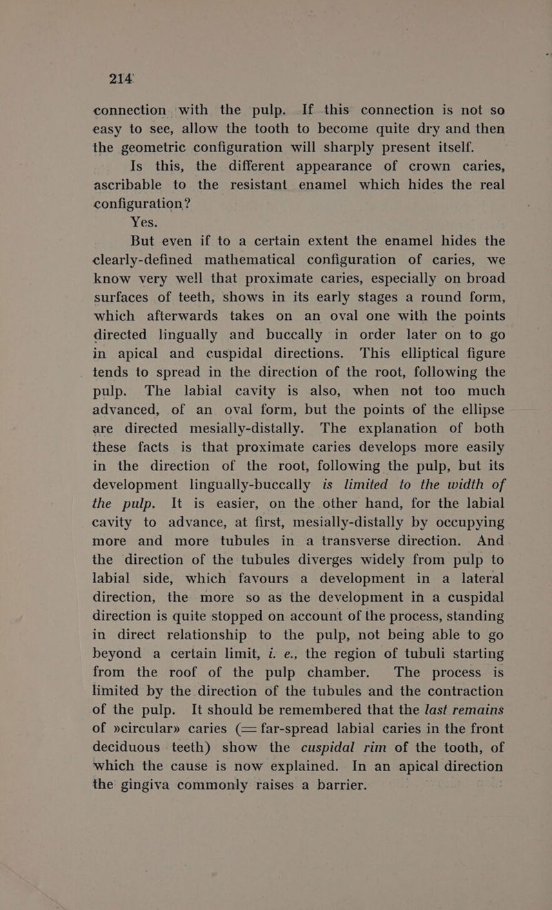 connection with the pulp. If -this connection is not so easy to see, allow the tooth to become quite dry and then the geometric configuration will sharply present itself. Is this, the different appearance of crown caries, ascribable to the resistant enamel which hides the real configuration? Yes. But even if to a certain extent the enamel hides the clearly-defined mathematical configuration of caries, we know very well that proximate caries, especially on broad surfaces of teeth, shows in its early stages a round form, which afterwards takes on an oval one with the points directed lingually and buccally in order later on to go in apical and cuspidal directions. This elliptical figure _ tends to spread in the direction of the root, following the pulp. The labial cavity is also, when not too much advanced, of an oval form, but the points of the ellipse are directed mesially-distally. The explanation of both these facts is that proximate caries develops more easily in the direction of the root, following the pulp, but its development lingually-buccally is limited to the width of the pulp. It is easier, on the other hand, for the labial cavity to advance, at first, mesially-distally by occupying more and more tubules in a transverse direction. And the direction of the tubules diverges widely from pulp to labial side, which favours a development in a lateral direction, the more so as the development in a cuspidal direction is quite stopped on account of the process, standing in direct relationship to the pulp, not being able to go beyond a certain limit, 7 e., the region of tubuli starting from the roof of the pulp chamber. The process is limited by the direction of the tubules and the contraction of the pulp. It should be remembered that the last remains of »circular» caries (= far-spread labial caries in the front deciduous teeth) show the cuspidal rim of the tooth, of which the cause is now explained. In an apical direction the gingiva commonly raises a barrier. | |
