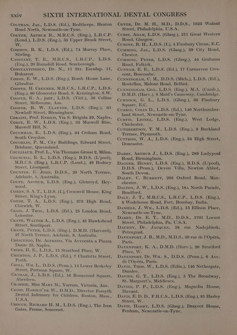 CoLTMAN, Jas., L.D.S. (Ed.), Redthorpe, Heaton Road North, Neweastle-on- Tyne. COLYER, ARTHUR R., M.R.C.S. (Eng.), L.R.C.P. (Lond.), L.D.S. (Eng.), 53 Upper Brook Street, W. Common, R. K., L.D.S. (Ed.), 74 Murray Place, Stirling. CONSTANT, T. E, M.R.C.S., L.R.C.P, TEDS: (Eng.), 20 Ramshill Road, Scarborough. CONSTANTINESCO, Dr. N.,.11 Str. Esculap. 11, Bukarest. Cooker, E. W., L.D.S. (Eng.), Bomb House Lane, Gibraltar. Cooper, H. CREEMER, M.R.C.S., L.R.C.P., L.D.S. (Eng.), 80 Gloucester Road, S. Kensington, S.W. Cooper, R. A., junr., L.D.S. (Vict.), 56 Collins Street, Melbourne, Aus. CoorER, R. W. CLAYTON, L.D.S. Newhall Street, Birmingham. CORAINI, Prof. ENRICO, Via S. Brigida 39, Naples. CorrE, E. W., L.D.S. (Eng.), 33 Muswell Rise, Muswell Hill, N. CovcHMAN, E., L.D.S. (Eng.), 64 Croham Road, South Croydon. Coveutin, P. M. City Buildings, Edward Street, Brisbane, Queensland. COULLIAUX, Prof. L., Via Thomaso Grossi 2, Milan. COUNCELL, E. L., L.D.S. (Eng.), B.D.S. (L’pool), M.R.C.S. (Eng.), L.R.C.P. (Lond.), 49 Rodney Street, Liverpool. COUNTER, E. Joux, D.D.S., 20 North Terrace, Adelaide, S. Australia. COUPE, ARTHUR, L.D.S. (Eng.) Glenroyd, Hey- wood. Coxon, S. A.T., L.D.S. (I.), Cresswell House, King Street, King's Lynn. Coys, T. A. L.D.S. (Eng.) 373 High Road, Chiswick, W. CRAIG, J. 'Tuos., Leicester. CRANE, WALTER A., L.D.S. (Eng.), 43 Hawkshead Street, Southport. Crank, PETER, L.D.S. (Eng.), D.M.D. (Harvard), 37 North Terrace, Adelaide, S. Australia. CRESCENZO, Dr. ALFREDO, Via Avvocata a Piazza Dante 25, Naples. Criss, H. E., L.D.S., 15 Stratford Place, W. CRICHTON, J. P., L.D.S. (Ed.), 7 Charlotte Street, Perth. CROLL, Wm. L., D.D.S. (Penn.), 14 Lower Berkeley Street, Portman Square, W. Cromar, J., L.D.S. (Ed.), 16 Bonaccord Square, Aberdeen. CROMBIE, Miss Mary M., Yarram, Victoria, Aus. Cross, HAnorp'pE W., D.M.D., Director Forsyth Dental Infirmary for Children, Boston, Mass., U.S.A. Croucx, RıcHArD H. M., L.D.S. (Eng.), The Iron Gates, Frome, Somerset. (Eng.) 61 L.D.S. (Ed.), 25 London Road, Cryer, Dr. M. H., M.D., D.D.S., 1623 Walnut Street, Philadelphia, U.S.A. CUBIE, ADAM, L.D.S. (Glasg.), 211 Great Western Road, Glasgow. Comp, R. H., L.D.S. (I.), 4 Finsbury Circus, E.C. CumMING, Jas., L.D.S. (Glasg.), 39 City Road, Chester, © CUMMING, PETER, L.D.S. (Glasg.), 44 Grahams Road, Falkirk. Cunnau, E. E., L.D.S. (Ed.), 17 Carnarvon Cres- cent, Boscombe. CUNNINGHAM, C. M., D.D.S. (Mich.), L.D.S. (Ed.), Rostellan, Malone Road, Belfast. CUNNINGHAM, GEO., L.D.S. (Eng.), M.A. (Camb.), D.M.D. (Harv.), 8 Maid's Causeway, Cambridge. Curnock, G. L., L.D.S. (Glasg.), 36 Finsbury Square, E.C. CURRIE, CorrN D., L.D.S. (Ed.), 140 Northumber- land Street, Newcastle-on-Tyne. Curtis, LioNEgL, L.D.S. (Eng.), Chichester. CuTHBERTSON, T. M., L.D.S. (Eng.), 9 Buckland Terrace, Plymouth. CurTRISS, W. A., L.D.S. (Eng.), 24 High Street, Doncaster. West Lodge, Dasss, ARTHUR J., L.D.S. (Eng.), 289 Ladypool Road, Birmingham. DAGGER, HENRY, L.D.S. (Eng.), B.D.S. (L’pool), D.D.S. (Penn.), Devon Villa, Newton Abbot, South Devon. Darsvy, C. BURKETT, 268 Oxford Road, Man- chester. DALTON, J. W., L.D.S. (Eng.), 184 North Parade, Bradford. Dar, J. T. MRCS ERCP, LDS (Ene; 6 Wodehouse Road, Fort, Bombay, India. DANIELS, J. Wm., L.D.S. (Ed.), 13 Ellison Place, Newcastle-on-Tyne. Darsy, Dr. E. T., M.D., D.D.S., 1701 Locust Street, Philadelphia, Pa, U.S.A. DAUBRY, Dr. JACQUES, 38 rue Petrograd. : DAVENPORT, J. B., M.D., M.D.S., 30 rue de l'Opéra, Paris. DAVENPORT, K. A., DAD (Harv.), 20 Stratford Place, W. DAVENPORT, Dr. Wo. S., D.D.S. (Penn.), 6 Ave. de l'Opéra, Paris. Davr, Tuos. W., L.D.S. (Edin.), 146 Nethergate, Dundee. Davies, G. T., L.D.S. (Eng.), 5 The Broadway, St. Margaret's, Middlesex. Davies, P. P., L.D.S. (Eng.), Magnolia House, Havant. Davis, E. D. D., F.R.C.S., L.D.S. (Eng.), 81 Harley Street, W. Davis, Harry, L.D.S. (Glasg.), Draycot House, Fenham, Newcastle-on-Tyne. Nadejdinsk,