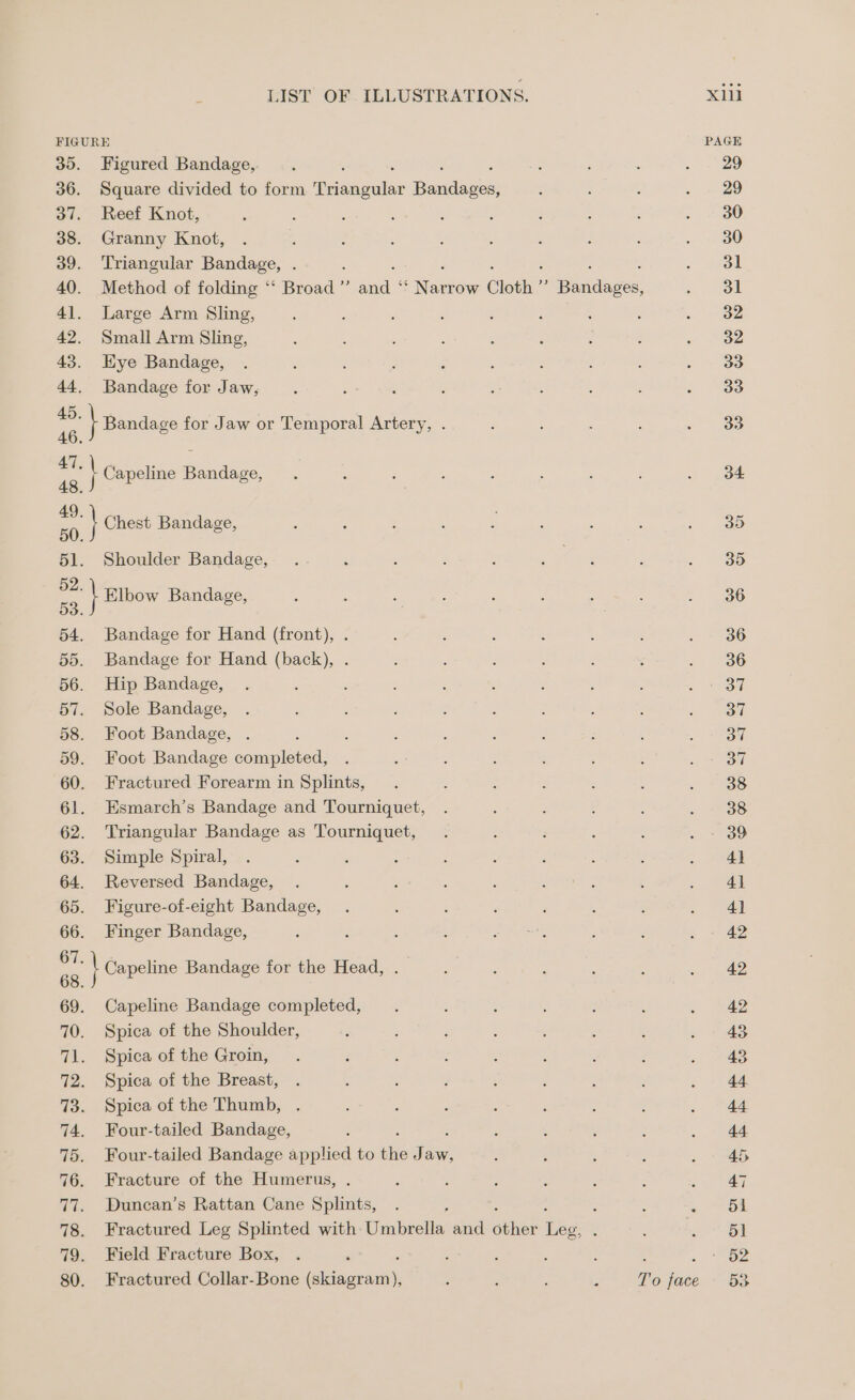 FIGURE PAGE 35. Figured Bandage, : : : : - «ao 36. Square divided to form Tecuenlan re : : : ~ 2d 37. Reef Knot, : : ; ; ; : : : : ee 38. Granny Knot, . ; ; ‘ ; : : ; ; . 30 39. Triangular Bandage, . ; « 223 40. Method of folding *‘ Broad ”’ and: _ Seaton Cloth ’ ‘ Bid ages, ove 41. Large Arm Sling, 4 ‘ . : : : ; : ~ 82 42. Small Arm Sling, : : : ; : ; ‘ ; » eZ 43. Eye Bandage, . ; : : : . 2 3 , . - oo 44, Bandage for Jaw, ‘ ; : ; : : ‘ o. 283 oe | Bandage for Jaw or Temporal Artery, . : : : : . oe os } Capeline Bandage, . ‘ : ; . 34 oA \ Chest Bandage, 3 : ; ; ” ‘ : : ~ 2a0 51. Shoulder Bandage, . ; : ; ‘ = whee : &lt;, a8 - \ Elbow Bandage, ; ; ; : ; : : ; . 36 54. Bandage for Hand (front), . é : : ; : : . - 36 55. Bandage for Hand (back), . ‘ : ; ‘ ; ‘ . 36 56. Hip Bandage, . ; : : é - : : &lt;&lt; atl 57. Sole Bandage, . : : : f ; : : 3 ae 58. Foot Bandage, . : : : : : : : 2 i 59. Foot Bandage completed, . ; ‘ : ; : ; yp ONE 60. Fractured Forearm in Splints, . : : : : ; ~ £938 61. Esmarch’s Bandage and Tourniquet, . . ; : : ; 38 62. Triangular Bandage as Tourniquet, . ‘ : ; : . - 39 63. Simple Spiral, . ; : : 4 : F ; d s 4] 64. Reversed Bandage, . : ; : : . : : ao a 65. Figure-of-eight Bandage, . : : ; : 3 : . 4) 66. Finger Bandage, ; ; ; ; hee 3 5 ‘ 42 ee \ Capeline Bandage for the Head, . ; ; : ; 5 . 42 69. Capeline Bandage completed, . : : : : : . 42 70. Spica of the Shoulder, ; ; 3 ; é : A , 43, 71. Spica ofthe Groin, . j , : . ; : ; ; 43 72. Spica of the Breast, . : : ‘ ‘ . : : d 44 73. Spica of the Thumb, . ; : : 2 ‘ ; ‘ . 44 74. Four-tailed Bandage, : ; : ‘ : . 44 75. Four-tailed Bandage applied to sie ce : ; : ; . : 45 76. Fracture of the Humerus, . ‘ , : ; : ; 2 47 77. Duncan’s Rattan Cane Splints, . ; ; : 5. ato 78. Fractured Leg Splinted with Umbrella and ne ihe ; : es 79. Field Fracture Box, . ‘ : ; ; ‘ : 4 3 Pe 80. Fractured Collar-Bone (skiagram), &amp; To face 53