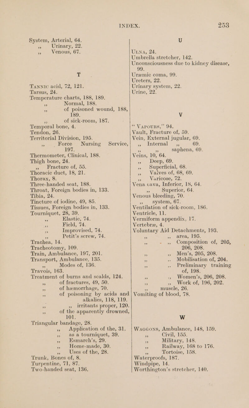 System, Arterial, 64. U PS Urinary, 22. Re Venous, 67. Una, 24. T Tawnic acid, 72, 121. Tarsus, 24. Temperature charts, 188, 189. x Normal, 188. sd of poisoned wound, 188, 189. a of sick-room, 187. Temporal bone, 4. Tendon, 26. Territorial Division, 195. a Force Nursing 197. Thermometer, Clinical, 188. Thigh bone, 24. » Fracture of, 55. Thoracic duct, 18, 21. Thorax, 8. Three-handed seat, 188. Throat, Foreign bodies in, 133. Tibia, 24. Tincture of iodine, 49, 85. Tissues, Foreign bodies in, 133. Tourniquet, 28, 39. Ss Elastic, 74. Service, 5 Field, 74. A Improvised, 74. ~ Petit’s screw, 74. Trachea, 14. Tracheotomy, 109. Train, Ambulance, 197, 201. Transport, Ambulance, 135. m3 Modes of, 136. Travois, 163. Treatment of burns and scalds, 124. a of fractures, 49, 50. os of hemorrhage, 70. oe of poisoning by acids and alkalies, 118, 119. », irritants proper, 120. ae of the apparently drowned, 101. Triangular bandage, 28. » Application of the, 31. » asa tourniquet, 39. » Esmarch’s, 29. » Home-made, 30. » Uses of the, 28. Trunk, Bones of, 8. Turpentine, 71, 87. Two-handed seat, 136. Umbrella stretcher, 142. Unconsciousness due to kidney disease, 99. Uremic coma, 99. Ureters, 22. Urinary system, 22. Urine, 22. V “* VAPOURS,’ 94. Vault, Fracture of, 59. Vein, External jugular, 69. » Internal _,, 69. Re 35 saphena, 69. Veins, 10, 64. 3s Deep. 69: » Superficial, 68. » Vaives of, 68, 69. 5 Varicose, 72. Vena cava, Inferior, 18, 64. 5 Superior, 64. Venous bleeding, 70. a system, 67. Ventilation of sick-room, 186. Ventricle, 11. Vermiform appendix, 17. Vertebrea, 4. Voluntary Aid Detachments, 193. 3 » area, 195. e - ,, Composition of, 205, 206, 208. bs », Men’s, 205, 208. , .. Mobilisation of, 204. io ,, Preliminary training of, 198. Women’s, 206, 208. » Work of, 196, 202. = muscle, 26. Vomiting of blood, 78. 99 9 Ww Waaccons, Ambulance, 148, 159. x Civil, 155. bs Military, 148. a Railway, 168 to 176. - Tortoise, 158. Waterproofs, 187. Windpipe, 14. Worthington’s stretcher, 140.