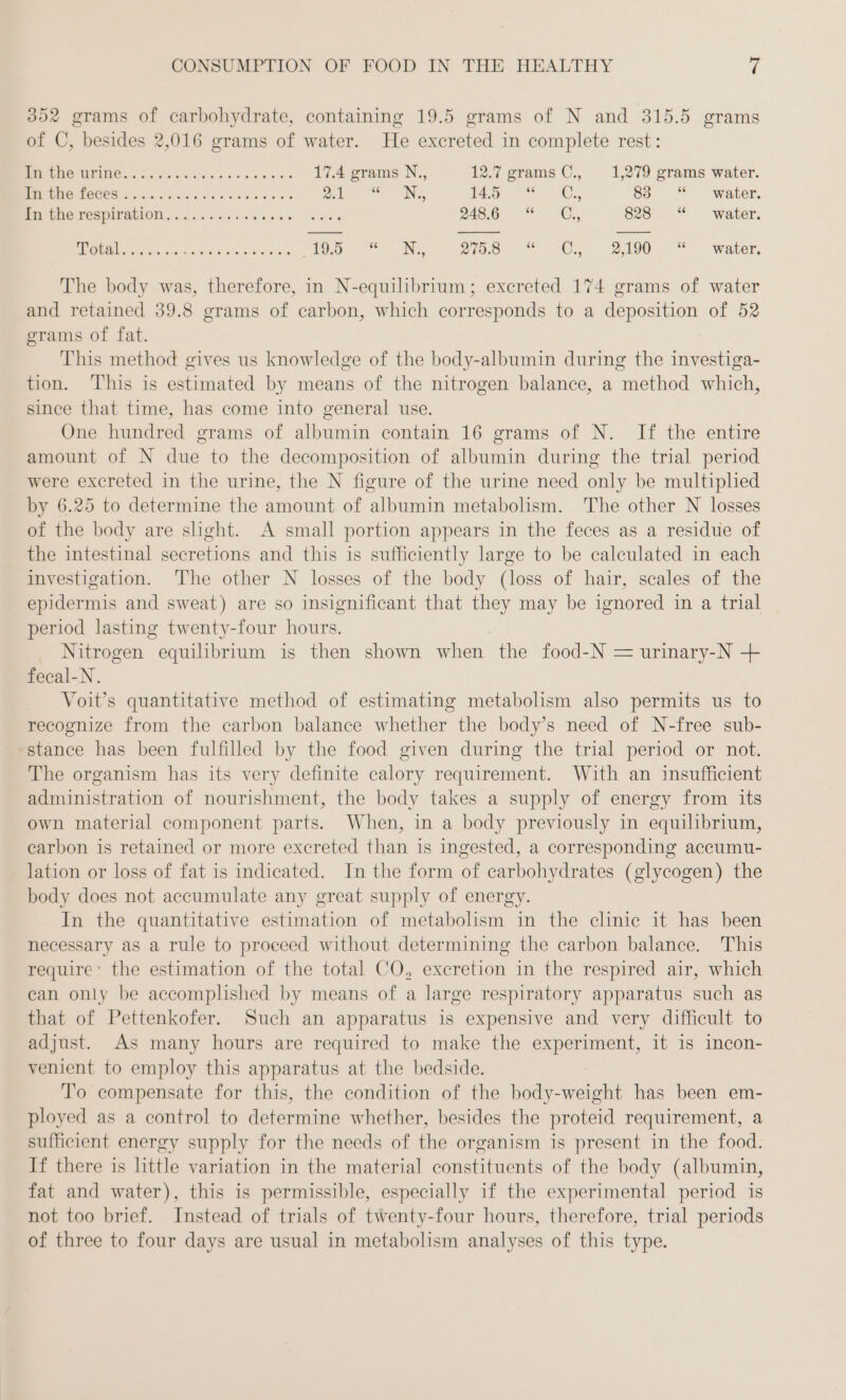 3852 grams of carbohydrate, containing 19.5 grams of N and 315.5 grams of C, besides 2,016 grams of water. He excreted in complete rest: er GBS MIG i sca ok oe ee eo dee 17.4 grams N., 12.7 grams C., 1,279 grams water. ee acc an laud 2a wa twee's oo re ea i | SS Ge Ss © ‘water. Bit LNG POSPIPALION:.. unse ee 2480... 76, 828 “ water. eek 190. 2° UN, 208 720... 23190 *- water, The body was, therefore, in N-equilibrium ; excreted 174 grams of water and retained 39.8 grams of carbon, which corresponds to a deposition of 52 grams of fat. | This method gives us knowledge of the body-albumin during the investiga- tion. This is estimated by means of the nitrogen balance, a method which, since that time, has come into general use. One hundred grams of albumin contain 16 grams of N. If the entire amount of N due to the decomposition of albumin during the trial period were excreted in the urine, the N figure of the urine need only be multiplied by 6.25 to determine the amount of albumin metabolism. The other N losses of the body are shght. A small portion appears in the feces as a residue of the intestinal secretions and this is sufficiently large to be calculated in each investigation. The other N losses of the body (loss of hair, scales of the epidermis and sweat) are so insignificant that they may be ignored in a trial | period lasting twenty-four hours. Nitrogen equilibrium is then shown when the food-N = urinary-N + fecal-N. Voit’s quantitative method of estimating metabolism also permits us to recognize from the carbon balance whether the body’s need of N-free sub- ‘stance has been fulfilled by the food given during the trial period or not. The organism has its very definite calory requirement. With an insufficient administration of nourishment, the body takes a supply of energy from its own material component parts. When, in a body previously in equilibrium, carbon is retained or more excreted than is ingested, a corresponding accumu- lation or loss of fat is indicated. In the form of carbohydrates (glycogen) the body does not accumulate any great supply of energy. In the quantitative estimation of metabolism in the clinic it has been necessary as a rule to proeeed without determining the carbon balance. This require: the estimation of the total CO, excretion in the respired air, which ean only be accomplished by means of a large respiratory apparatus such as that of Pettenkofer. Such an apparatus is expensive and very difficult to adjust. As many hours are required to make the experiment, it is incon- venient to employ this apparatus at the bedside. To compensate for this, the condition of the body-weight has been em- ployed as a control to determine whether, besides the proteid requirement, a sufficient energy supply for the needs of the organism is present in the food. If there is little variation in the material constituents of the body (albumin, fat and water), this is permissible, especially if the experimental period is not too brief. Instead of trials of twenty-four hours, therefore, trial periods of three to four days are usual in metabolism analyses of this type.
