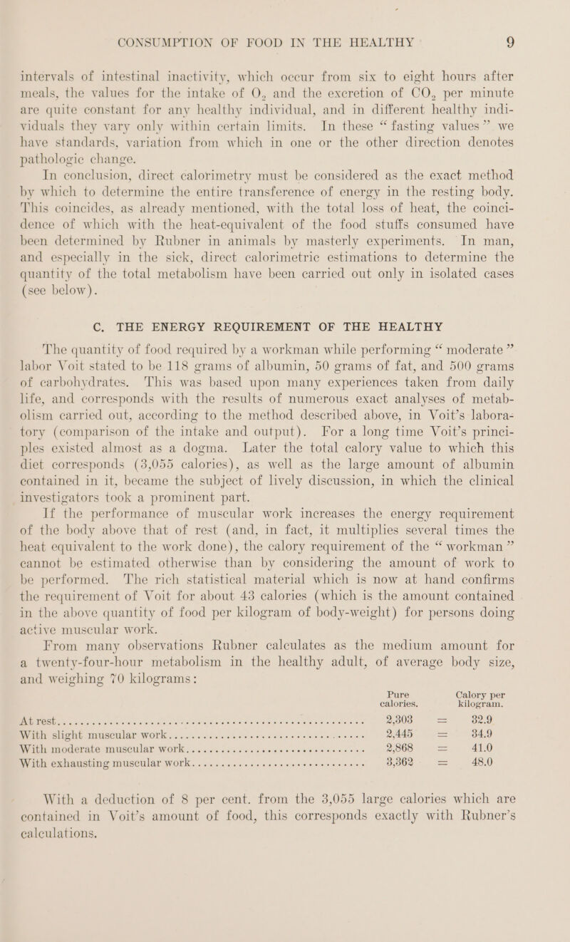 intervals of intestinal inactivity, which occur from six to eight hours after meals, the values for the intake of O, and the excretion of CO, per minute are quite constant for any healthy individual, and in different healthy indi- viduals they vary only within certain limits. In these “ fasting values”. we have standards, variation from which in one or the other direction denotes pathologic change. In conclusion, direct calorimetry must be considered as the exact method by which to determine the entire transference of energy in the resting body. This coincides, as already mentioned, with the total loss of heat, the coinci- dence of which with the heat-equivalent of the food stuffs consumed have been determined by Rubner in animals by masterly experiments. In man, and especially in the sick, direct calorimetric estimations to determine the quantity of the total metabolism have been carried out only in isolated cases (see below). C. THE ENERGY REQUIREMENT OF THE HEALTHY The quantity of food required by a workman while performing “ moderate ” labor Voit stated to be 118 grams of albumin, 50 grams of fat, and 500 grams of carbohydrates. This was based upon many experiences taken from daily hfe, and corresponds with the results of numerous exact analyses of metab- olism carried out, according to the method described above, in Voit’s labora- tory (comparison of the intake and output). For a long time Voit’s princi- ples existed almost as a dogma. Later the total calory value to which this diet corresponds (3,055 calories), as well as the large amount of albumin contained in it, became the subject of lively discussion, in which the clinical investigators took a prominent part. If the performance of muscular work increases the energy requirement of the body above that of rest (and, in fact, it multiphes several times the heat equivalent to the work done), the calory requirement of the “ workman ” cannot be estimated otherwise than by considering the amount of work to be performed. The rich statistical material which is now at hand confirms the requirement of Voit for about 43 calories (which is the amount contained . in the above quantity of food per kilogram of body-weight) for persons doing active muscular work. From many observations Rubner calculates as the medium amount for a twenty-four-hour metabolism in the healthy adult, of average body size, and weighing 70 kilograms: Pure Calory per calories. kilogram. DE Fe piers Gite iene Pelee oT aie eee ate Sok ee Site, diets ee 2,303 = 32.9 Beh slight musi lar: work»... ner sre aie eles oma Ba 2,445 = 34.9 BR TIL CLA OOMMMISCULLAT work aa lea uns 2,868 = 41.0 Wy thi exhausting museularwork.. au... 20er en 3,362 — 48.0 With a deduction of 8 per cent. from the 3,055 large calories which are contained in Voit’s amount of food, this corresponds exactly with Rubner’s calculations.