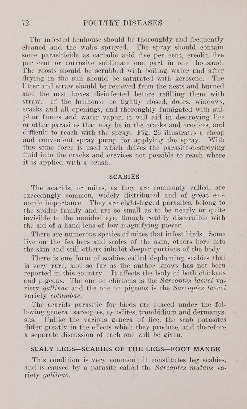 The infested henhouse should be thoroughly and frequently eleaned and the walls sprayed. The spray should contain some parasiticide as carbolic acid five per cent, creolin five per cent or corrosive sublimate one part in one thousand. The roosts should be serubbed with boiling water and after drying in the sun should be saturated with kerosene. The litter and straw sheuld be removed from the nests and burned and the nest boxes disinfected before refilling them with straw. If the henhouse be tightly closed, doors, windows, cracks and all openings, and thoroughly fumigated with sul- phur fumes and water vapor, it will aid in destroying lee or other parasites that may be in the cracks and crevices, and difficult to reach with the spray. Fig. 26 illustrates a cheap and convenient spray pump for applying the spray. With this some force is used which drives the parasite-destroying fluid into the cracks and crevices not possible to reach where it is apphed with a brush. SCABIES The acarids, or mites, as they are commonly ealled, are exceedingly common, widely distributed and of great eco- nomic importance. They are eight-legged parasites, belong to the spider family and are so small as to be nearly or quite invisible to the unaided eye, though readily discernible with the aid of a hand lens of low magnifying power. There are numerous species of mites that infest birds. Some live on the feathers and scales of the skin, others bore into the skin and still others inhabit deeper portions of the body. There is one form of scabies called depluming seabies that iS very rare, and so far as the author knows has not been reported in this country. It affects the body of both chickens and pigeons. The one on chickens is the Sarcoptes laevei va- riety gallinae and the one on pigeons is the Sarcoptes laever variety columbae. The acarids parasitic for birds are plaeed under the fol- lowing genera: sarcoptes, cytodites, trombidium and dermanys- sus. Unlike the various genera of lice, the scab parasites differ greatly in the effects which they produce, and therefore a separate discussion of each one will be given, SCALY LEGS—SCABIES OF THE LEGS—FOOT MANGE This condition is very common; it constitutes leg scabies, and is caused by a parasite called the Sarcoptes mutans va- riety gallinae.
