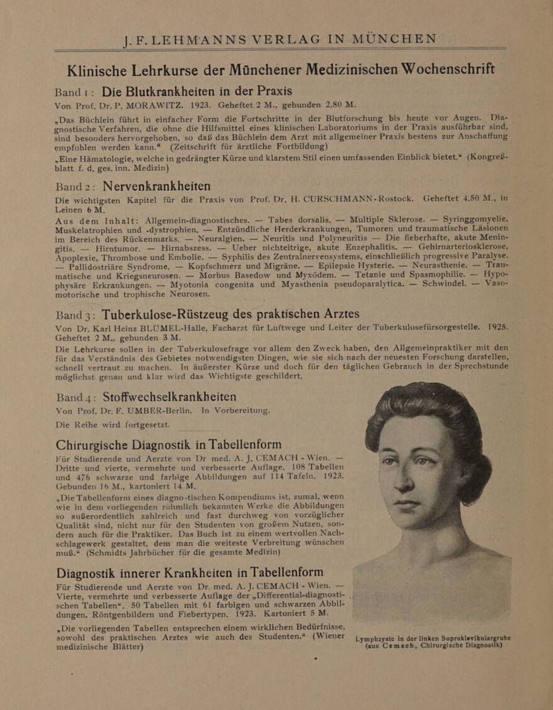 Klinische Lehrkurse der Münchener Medizinischen Wochenschrift Band ı: Die Blutkrankheiten in der Praxis Von Prof. Dr. P. MORAWITZ. 1923. Geheftet 2 M., gebunden 2.80 M. „Das Büchlein führt in einfacher Form die Fortschritte in der Blutforschung bis heute vor Augen. Dia- gnostische Verfahren, die ohne die Hilfsmittel eines klinischen Laboratoriums in der Praxis ausführbar sind, sind besonders hervorgehoben, so daß das Büchlein dem Arzt mit allgemeiner Praxis bestens zur Anschaffung empfohlen werden kann.“ (Zeitschrift für ärztliche Fortbildung) „Eine Hämatologie, welche in gedrängter Kürze und klarstem Stil einen umfassenden Einblick bietet.“ (Kongreß- blatt f. d, ges. inn. Medizin) Band2: Nervenkrankheiten Die wichtigsten Kapitel für die Praxis von Prof. Dr. H. CURSCHMANN -Rostock. Geheftet 4.50 M., in Leinen 6 M, Aus dem Inhalt: Allgemein-diagnostisches. — Tabes dorsalis. — Multiple Sklerose. — Syringgomyelie, Muskelatrophien und -dystrophien. — Entzündliche Herderkrankungen, Tumoren und traumatische Läsionen im Bereich des Rückenmarks. — Neuralgien. — Neuritis und Polyneuritis — Die fieberhafte, akute Menin- gitis. — Hirntumor. — Hirnabszess. — Ueber nichteitrige, akute Enzephalitis. — Gehirnarteriosklerose, Apoplexie, Thrombose und Embolie. — Syphilis des Zentralnervensystems, einschließlich progressive Paralyse. — Pallidostriäre Syndrome. — Kopfschmerz und Migräne. — Epilepsie Hysterie. — Neurasthenie. — Trau- matische und Kriegsneurosen. — Morbus Basedow und Myxödem. — Tetanie und Spasmophilie. — Hypo- physäre Erkrankungen. — Myotonia congenita und Myasthenia pseudoparalytica. — Schwindel. — Vaso- motorische und trophische Neurosen. Band 3: Tuberkulose-Rüstzeug des praktischen Arztes Von Dr, Karl Heinz BLÜMEL-Halle, Facharzt für Luftwege und Leiter der Tuberkulosefürsorgestelle. 1925. Geheftet 2M., gebunden 3M. Die Lehrkurse sollen in der Tuberkulosefrage vor allem den Zweck haben, den Allgemeinpraktiker mit den für das Verständnis des Gebietes notwendigsten Dingen, wie sie sich nach der neuesten Forschung darstellen, schnell vertraut zu machen. In äußerster Kürze und doch für den täglichen Gebrauch in der Sprechstunde möglichst genau und klar wird das Wichtigste geschildert. Band4: Stoffwechselkrankheiten Von Prof, Dr. F. UMBER-Berlin. In Vorbereitung. Die Reihe wird fortgesetzt. Chirurgische Diagnostik in Tabellenform Für Studierende und Aerzte von Dr med. A. J. CEMACH - Wien. — Dritte und vierte, vermehrte und verbesserte Auflage. 108 Tabellen und 476 schwarze und farbige Abbildungen auf 114 Tafeln. 1923. Gebunden 16 M., kartoniert 14 M, „Die Tabellenform eines diagno,tischen Kompendiums ist, zumal, wenn wie in dem vorliegenden rühmlich bekannten Werke die Abbildungen so außerordentlich zahlreich und fast durchweg von vorzüglicher Qualität sind, nicht nur für den Studenten von großem Nutzen, son- dern auch für die Praktiker. Das Buch ist zu einem wertvollen Nach- schlagewerk gestaltet, dem man die weiteste Verbreitung wünschen muß.“ (Schmidts Jahrbücher für die gesamte Medizin) Diagnostik innerer Krankheiten in Tabellenform Für Studierende und Aerzte von Dr. med. A. J. CEMACH - Wien. — Vierte, vermehrte und verbesserte Auflage der „Differential-diagnosti- || schen Tabellen“. 50 Tabellen mit 61 farbigen und schwarzen Abbil- dungen, Röntgenbildern und Fiebertypen. 1923. Kartoniert 5 M. „Die vorliegenden Tabellen entsprechen einem wirklichen Bedürfnisse, sowohl ‚des praktischen Arztes wie auch des Studenten.“ (Wiener Lympbayste in der linken Supraklavikulargrube medizinische Blätter) ' (aus Cemach, Chirurgische Diagnostik)