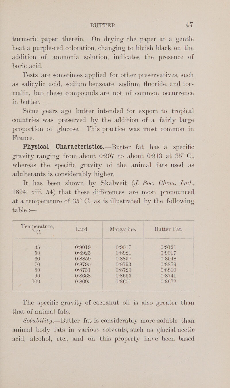 turmeric paper therein. On drying the paper at a gentle heat a purple-red coloration, changing to bluish black on the addition of ammonia solution, indicates the presence of boric acid, Tests are sometimes applied for other preservatives, such as salicylic acid, sodium benzoate, sodium fluoride, and for- malin, but these compounds are not of common occurrence in butter, Some years ago butter intended for export to tropical countries was preserved by the addition of a fairly large proportion of glucose. This practice was most common in France. Physical Characteristics.—Butter fat has a_ specific gravity ranging from about 0907 to about 0°913 at 35° C., whereas the specific gravity of the animal fats used as adulterants is considerably higher. It has been shown by Skalweit (J. Soc. Chem. Ind., 1894, xii. 54) that these differences are most pronounced at a temperature of 35° C., as is illustrated by the following table :— PORE Crain es, Lard, Margarine. Butter Fat. BS 0°9019 0:90.17 09121 50 0°8923 | 0:8921 09017 60 0°8859 | 0°8857 0°8948 70 0°8795 | 0°8793 0°8879 | 80 0°8731 0°8729 0°8810 90 0:3668. | 0°8665 0:8741 | 100 0°8605 | 08601 0°8672 The specific gravity of cocoanut oil is also greater than that of animal fats. Solubility —Butter fat is considerably more soluble than animal body fats in various solvents, such as glacial acetic acid, alcohol, etc., and on this property have been based