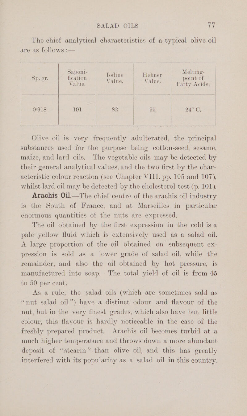 The chief analytical characteristics of a typical olive oil are as follows :— Se a Value Wo? Values | oa Value. Fatty Acids. 0918 1S 82 95 24° ©. a Olive oil is very frequently adulterated, the principal substances used for the purpose being cotton-seed, sesame, maize, and lard oils. The vegetable oils may be detected by their general analytical values, and the two first by the char- acteristic colour reaction (see Chapter VIII. pp. 105 and 107), whilst lard oil may be detected by the cholesterol test (p. 101). Arachis Oil.—The chief centre of the arachis oil industry is the South of France, and at Marseilles in particular enormous quantities of the nuts are expressed. The oil obtained by the first expression in the cold is a pale yellow fluid which is extensively used as a salad oil. A large proportion of the oil obtained on subsequent ex- pression is sold as a lower grade of salad oil, while the remainder, and also the oil obtained by hot pressure, is manufactured into soap. The total yield of oil is from 45 to 50 per cent. As a rule, the salad oils (which are sometimes sold as “nut salad oil ”) have a distinct odour and flavour of the nut, but in the very finest grades, which also have but little colour, this flavour is hardly noticeable in the case of the freshly prepared product. Arachis oil becomes turbid at a much higher temperature and throws down a more abundant deposit of “stearin” than olive oil, and this has greatly interfered with its popularity as a salad oil in this country,