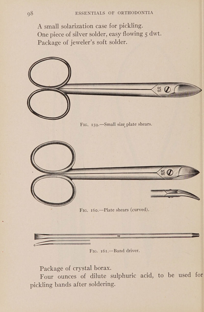 Fic. 159.—Small size plate shears. f Fic. 160.—Plate shears (curved). — —— =] Fic. 161.—Band driver. Package of crystal borax. Four ounces of dilute sulphuric acid, to be used for pickling bands after soldering.