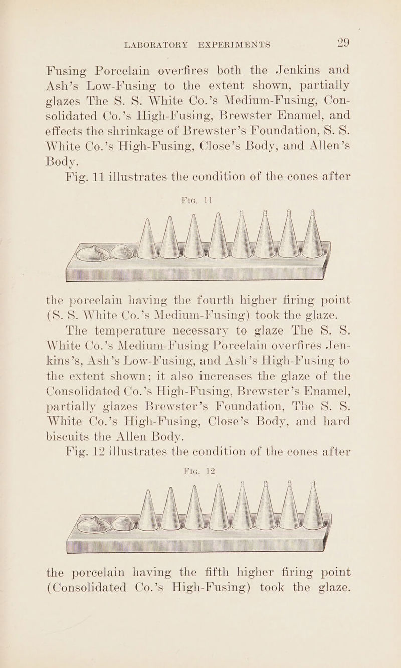 Fusing Porcelain overfires both the Jenkins and Ash’s Low-Fusing to the extent shown, partially glazes The 8. 8S. White Co.’s Medium-Fusing, Con- solidated Co.’s High-Fusing, Brewster Hnamel, and effects the shrinkage of Brewster’s Foundation, 8.8. White Co.’s High-Fusing, Close’s Body, and Allen’s Body. Fig. 11 illustrates the condition of the cones after Jee, Ii eriagnes mil the poreelain having the fourth higher firing point (S.S. White Co.’s Medium-Fusing) took the glaze. The temperature necessary to glaze The S. 8. White Co.’s Medium-Fusing Porcelain overfires Jen- kins’s, Ash’s Low-Fusing, and Ash’s High-Fusing to the extent shown; it also increases the glaze of the Consolidated Co.’s High-Fusing, Brewster’s Tin a partially glazes Brewster’s Foundation, The 8. S. White Co.’s High-Fusing, Close’s Body, and hard biscuits the Allen Body. Fig. 12 illustrates the condition of the cones after Ries 12 fi = [. :\ ee aN Hoa “N fie 23) eee \ a |\— \\S/ i MS]. 4 M ye WE 5 TMT = | aan. the porcelain having the fifth higher firing poimt (Consolidated Co.’s High-Fusing) took the glaze. l ft