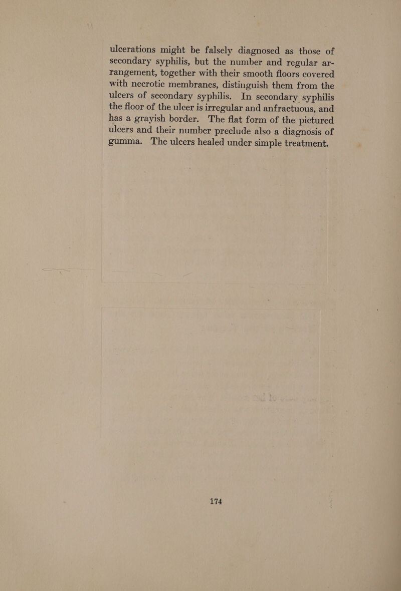 ulcerations might be falsely diagnosed as those of secondary syphilis, but the number and regular ar- rangement, together with their smooth floors covered with necrotic membranes, distinguish them from the ulcers of secondary syphilis. In secondary syphilis the floor of the ulcer is irregular and anfractuous, and has a grayish border. The flat form of the pictured ulcers and their number preclude also a diagnosis of gumma. The ulcers healed under simple treatment.