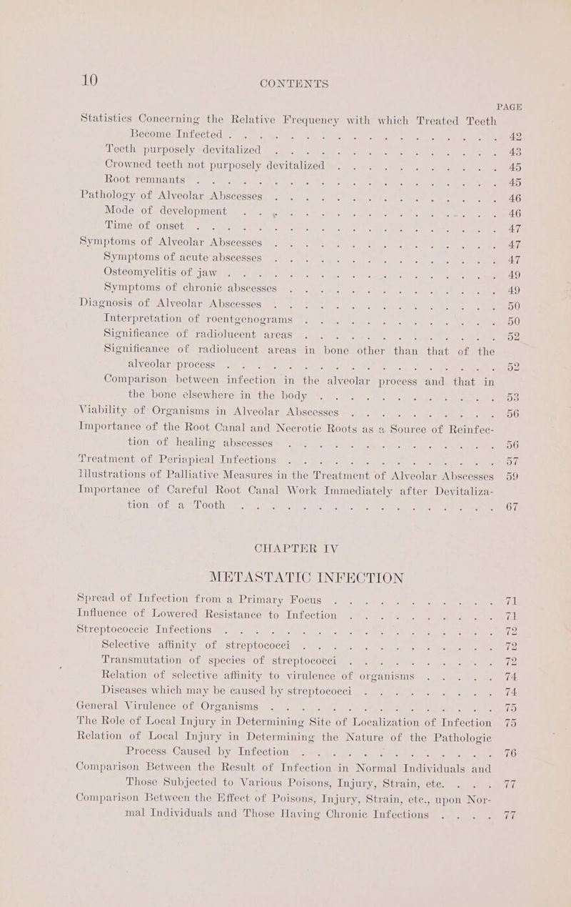Statistics Concerning the Relative Frequency with which Treated Teeth Become Infected . Teeth purposely devitalized Crowned teeth not purposely devitalized Root remnants De. Pathology of Alveolar Abscesses Mode of development Time of onset ‘ Symptoms of Alveolar Abscesses Symptoms of acute abscesses Osteomyelitis of jaw ; Symptoms of chronic abscesses Diagnosis of Alveolar Abscesses Interpretation of roentgenograms Significance of radiolucent areas ; : : Significance of radiolucent areas in Boe ats: an that of the alveolar process ara 8 , ews Comparison between infection in fe Abas process arth fees in the bone elsewhere in the body Viability of Organisms in Alveolar Abscesses ea ea ; Importance of the Root Canal and Necrotic Roots as a Souree of Raineedt tion of healing abscesses Treatment of Periapical Infections , Tilustrations of Palliative Measures in the TM Naor of Sip ee seas Importance of Careful Root Canal Work Immediately after Devitaliza- TON Oldies Oot CHAPTER IV METASTATIC INFECTION Spread of Infection from a Primary Focus Influence of Lowered Resistance to Infection Streptococcic Infections ie Selective affinity of streptococci ; Transmutation of species of streptococci ieee Relation of selective affinity to virulence of organisms Diseases which may be caused by streptococci General Virulence of Organisms : ions The Role of Local Injury in Determining Site of ovale of Treeeron Relation of Local Injury in Determining the Nature of the Pathologic Process Caused by Infection ee Pa ary iF : Comparison Between the Result of Infection in Normal Tare aeneae An Those Subjected to Various Poisons, Injury, Strain, ete. Comparison Between the Effect of Poisons, Injury, Strain, ete., upon Nor- mal Individuals and Those Having Chronic Infections 42 45 45 46 46 47 47 47 49 49 50 50 52 ~~ (js rs es) Boe hoe ~ TS Or Ol x D (ve