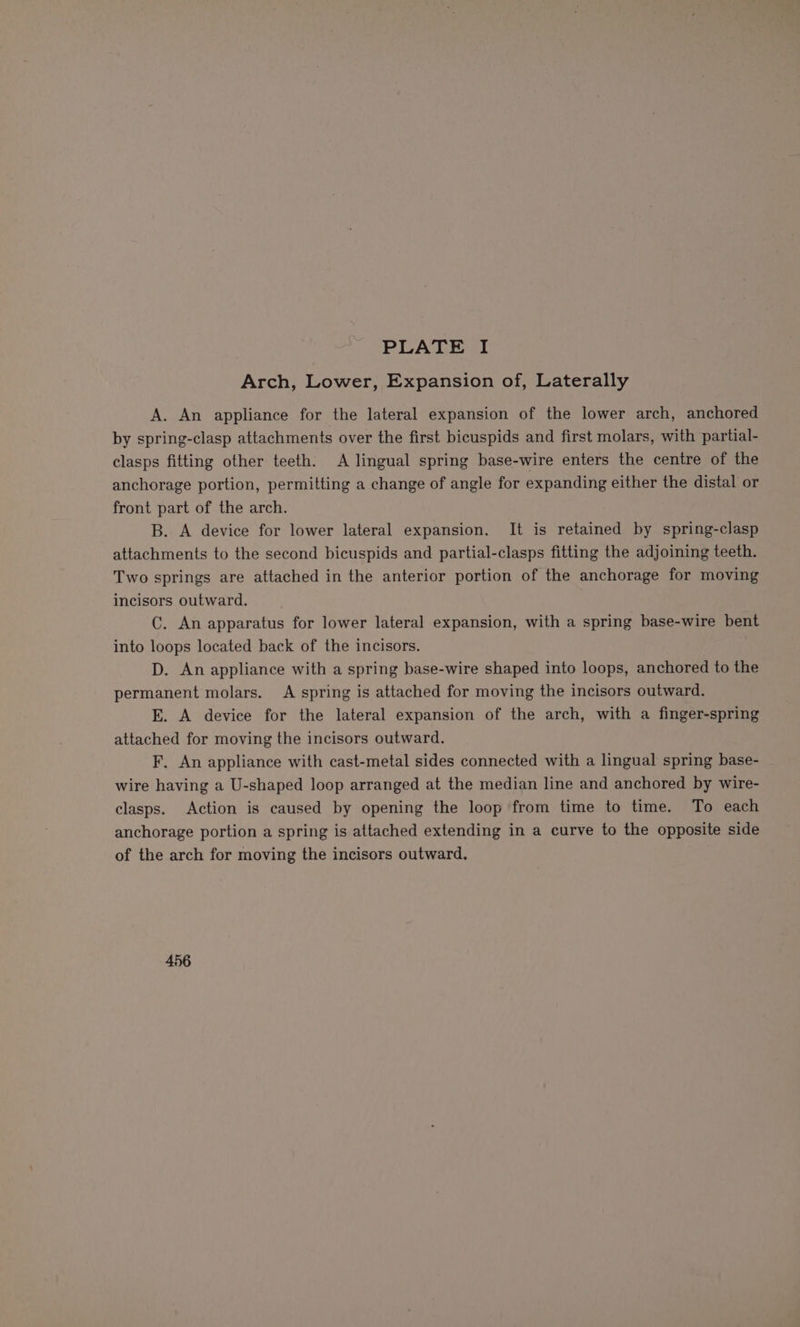 Arch, Lower, Expansion of, Laterally A. An appliance for the lateral expansion of the lower arch, anchored by spring-clasp attachments over the first bicuspids and first molars, with partial- clasps fitting other teeth. A lingual spring base-wire enters the centre of the anchorage portion, permitting a change of angle for expanding either the distal or front part of the arch. B. A device for lower lateral expansion. It is retained by spring-clasp attachments to the second bicuspids and partial-clasps fitting the adjoining teeth. Two springs are attached in the anterior portion of the anchorage for moving incisors outward. C. An apparatus for lower lateral expansion, with a spring base-wire bent into loops located back of the incisors. D. An appliance with a spring base-wire shaped into loops, anchored to the permanent molars. A spring is attached for moving the incisors outward. E. A device for the lateral expansion of the arch, with a finger-spring attached for moving the incisors outward. F. An appliance with cast-metal sides connected with a lingual spring base- wire having a U-shaped loop arranged at the median line and anchored by wire- clasps. Action is caused by opening the loop from time to time. To each anchorage portion a spring is attached extending in a curve to the opposite side of the arch for moving the incisors outward.