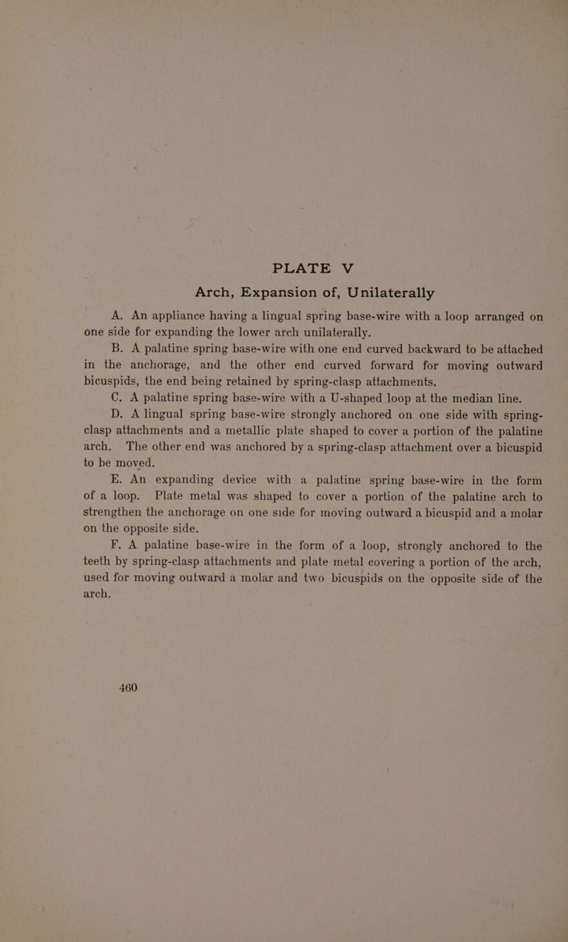 Arch, Expansion of, Unilaterally A. An appliance having a lingual spring base-wire with a loop arranged on one side for expanding the lower arch unilaterally. B. A palatine spring base-wire with one end curved backward to be attached in the anchorage, and the other end curved forward for moving outward bicuspids, the end being retained by spring-clasp attachments. C. A palatine spring base-wire with a U-shaped loop at the median line. D. A lingual spring base-wire strongly anchored on one side with spring- clasp attachments and a metallic plate shaped to cover a portion of the palatine arch. The other end was anchored by a spring-clasp attachment over a bicuspid to be moved. K. An expanding device with a palatine spring base-wire in the form of a loop. Plate metal was shaped to cover a portion of the palatine arch to strengthen the anchorage on one side for moving outward a bicuspid and a molar on the opposite side. F. A palatine base-wire in the form of a loop, strongly anchored to the teeth by spring-clasp attachments and plate metal covering a portion of the arch, used for moving outward a molar and two bicuspids on the opposite side of the arch. 460