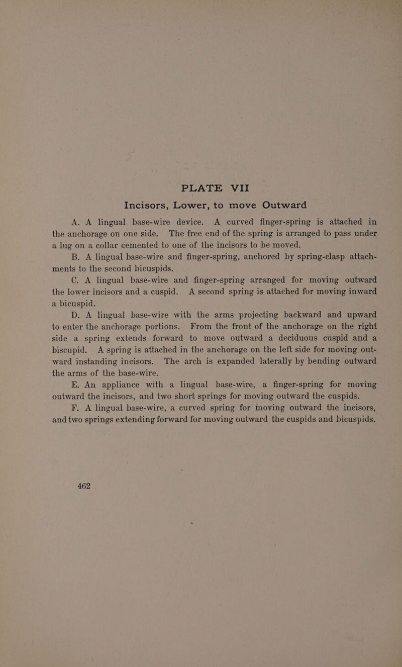 Incisors, Lower, to move Outward A. A lingual base-wire device. A curved finger-spring is attached in the anchorage on one side. The free end of the spring is arranged to pass under a lug on a collar cemented to one of the incisors to be moved. B. A lingual base-wire and finger-spring, anchored by spring-clasp attach- ments to the second bicuspids. C. A lingual base-wire and finger-spring arranged for moving outward the lower incisors and a cuspid. A second spring is attached for moving inward a bicuspid. D. A lingual base-wire with the arms projecting backward and upward to enter the anchorage portions. From the front of the anchorage on the right side a spring extends forward to move outward a deciduous cuspid and a biscupid. A spring is attached in the anchorage on the left side for moving out- ward instanding incisors. The arch is expanded laterally by bending outward the arms of the base-wire. k. An appliance with a lingual base-wire, a finger-spring for moving outward the incisors, and two short springs for moving outward the cuspids. F. A lingual base-wire, a curved spring for moving outward the incisors, and two springs extending forward for moving outward the cuspids and bicuspids. 462