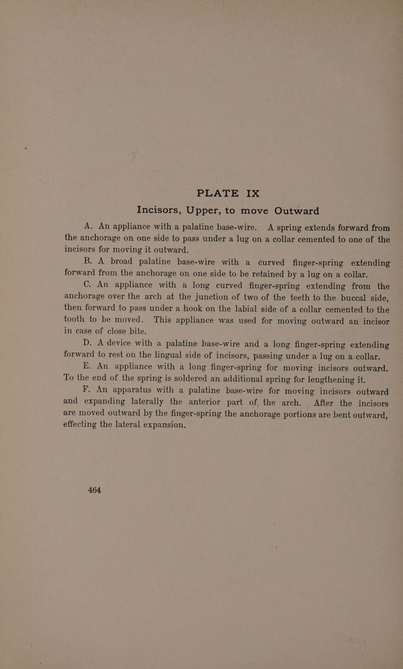 Incisors, Upper, to move Outward A. An appliance with a palatine base-wire. A spring extends forward from the anchorage on one side to pass under a lug on a collar cemented to one of the incisors for moving it outward. B. A broad palatine base-wire with a curved finger-spring extending forward from the anchorage on one side to be retained by a lug on a collar. C. An appliance with a long curved finger-spring extending from the anchorage over the arch at the junction of two of the teeth to the buccal side, then forward to pass under a hook on the labial side of a collar cemented to the tooth to be moved. This appliance was used for moving outward an incisor in case of close bite. D. A device with a palatine base-wire and a long finger-spring extending forward to rest on the lingual side of incisors, passing under a lug on a collar. E. An appliance with a long finger-spring for moving incisors outward. To the end of the spring is soldered an additional spring for lengthening it. F. An apparatus with a palatine base-wire for moving incisors outward and expanding laterally the anterior part of the arch. After the incisors are moved outward by the finger-spring the anchorage portions are bent outward, effecting the lateral expansion. 464