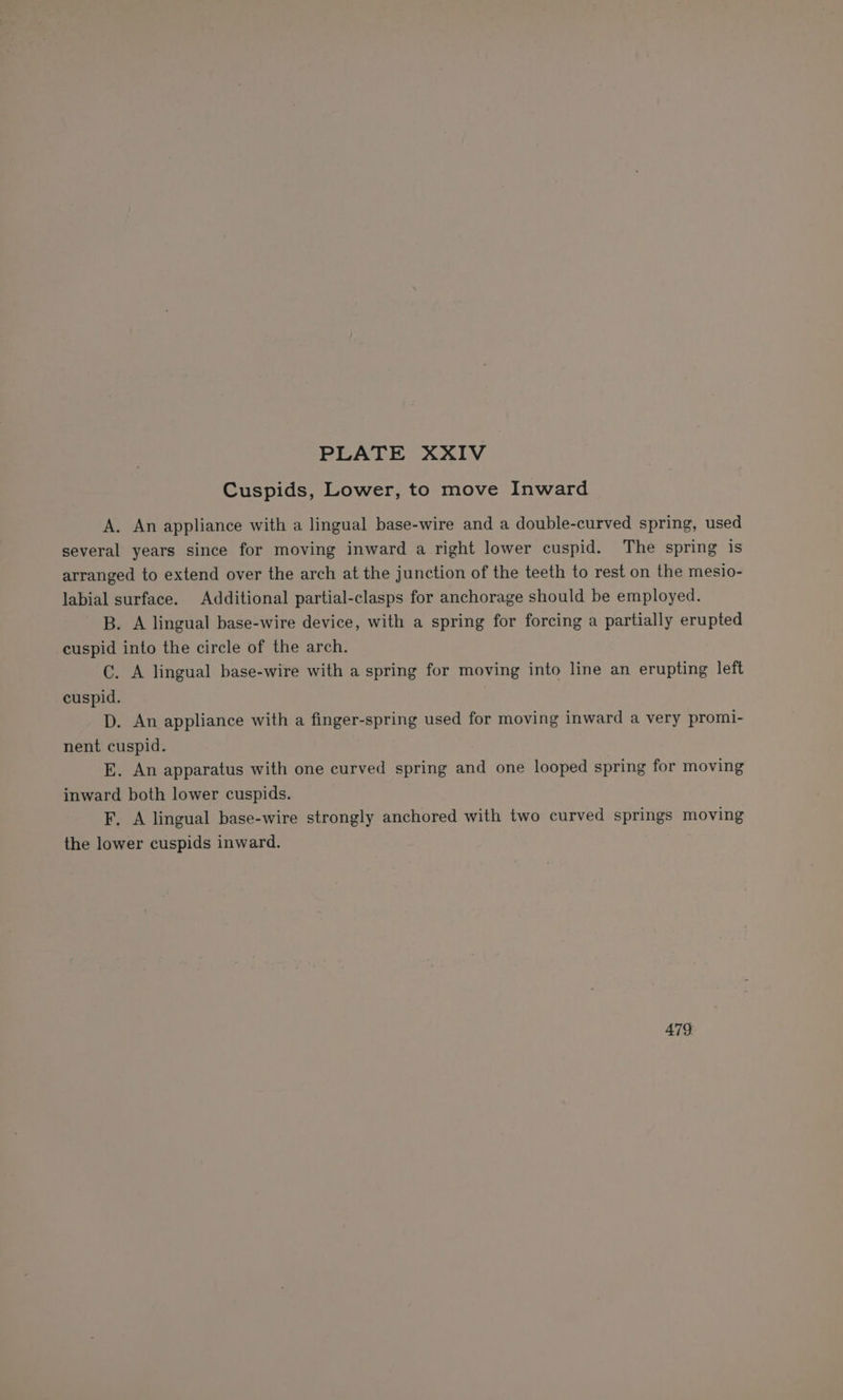 Cuspids, Lower, to move Inward A. An appliance with a lingual base-wire and a double-curved spring, used several years since for moving inward a right lower cuspid. The spring is arranged to extend over the arch at the junction of the teeth to rest on the mesio- labial surface. Additional partial-clasps for anchorage should be employed. B. A lingual base-wire device, with a spring for forcing a partially erupted cuspid into the circle of the arch. C. A lingual base-wire with a spring for moving into line an erupting left cuspid. D. An appliance with a finger-spring used for moving inward a very promi- nent cuspid. E. An apparatus with one curved spring and one looped spring for moving inward both lower cuspids. F. A lingual base-wire strongly anchored with two curved springs moving the lower cuspids inward. 479