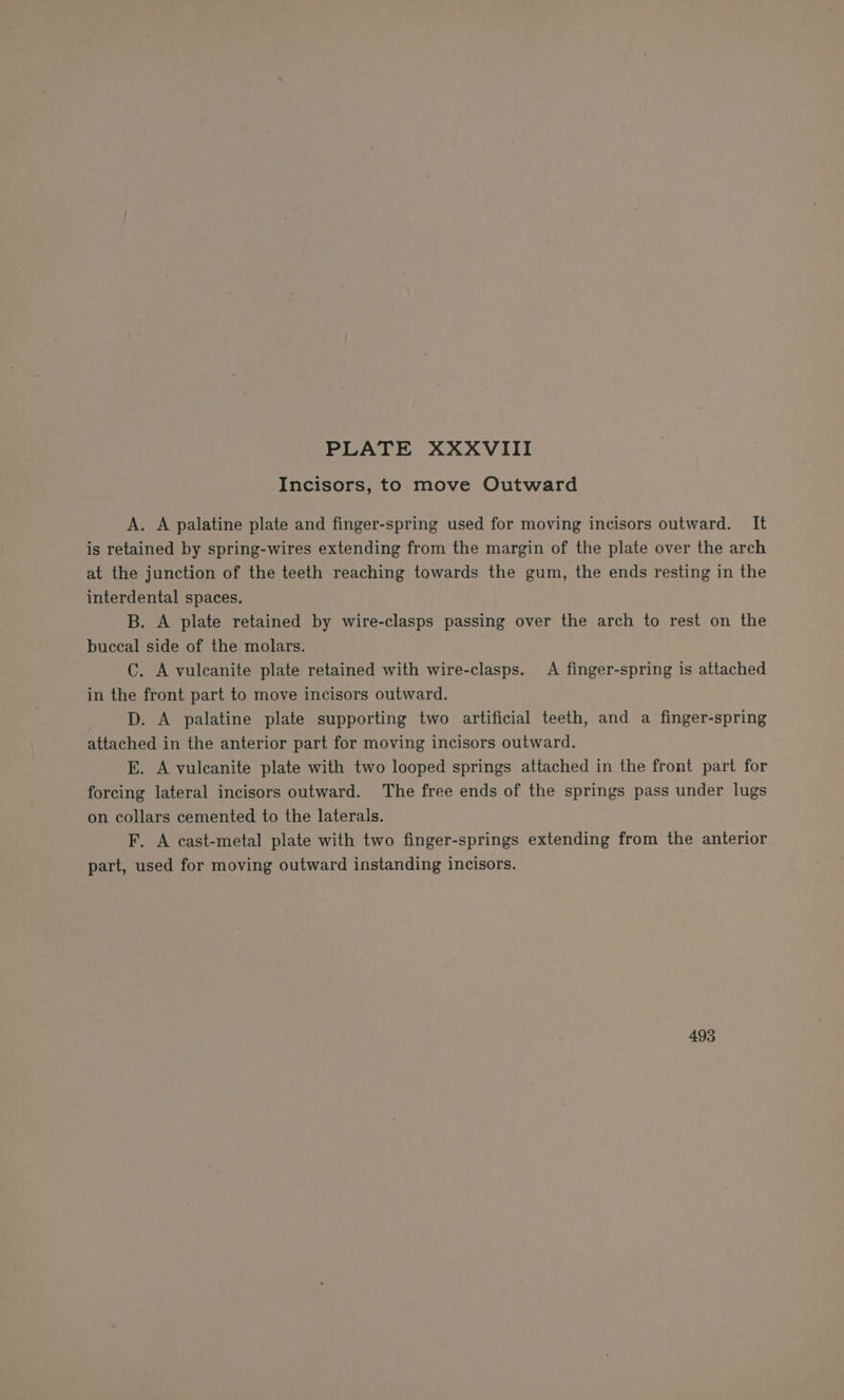 Incisors, to move Outward A. A palatine plate and finger-spring used for moving incisors outward. It is retained by spring-wires extending from the margin of the plate over the arch at the junction of the teeth reaching towards the gum, the ends resting in the interdental spaces. B. A plate retained by wire-clasps passing over the arch to rest on the buccal side of the molars. . C. A vulcanite plate retained with wire-clasps. A finger-spring is attached in the front part to move incisors outward. D. A palatine plate supporting two artificial teeth, and a finger-spring attached in the anterior part for moving incisors outward. E. A vulcanite plate with two looped springs attached in the front part for forcing lateral incisors outward. The free ends of the springs pass under lugs on collars cemented to the laterals. F. A cast-metal plate with two finger-springs extending from the anterior part, used for moving outward instanding incisors. 493