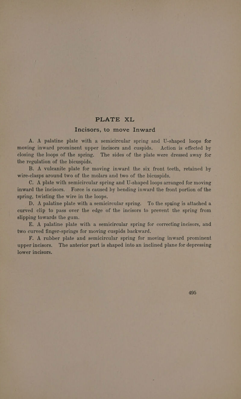 Incisors, to move Inward A. A palatine plate with a semicircular spring and U-shaped loops for moving inward prominent upper incisors and cuspids. Action is effected by closing the loops of the spring. The sides of the plate were dressed away for the regulation of the bicuspids. B. A vulcanite plate for moving inward the six front teeth, retained by wire-clasps around two of the molars and two of the bicuspids. C. A plate with semicircular spring and U-shaped loops arranged for moving inward the incisors. Force is caused by bending inward the front portion of the spring, twisting the wire in the loops. D. A palatine plate with a semicircular spring. To the spring is attached a curved clip to pass over the edge of the incisors to prevent the spring from slipping towards the gum. E. A palatine plate with a semicircular spring for correcting incisors, and two curved finger-springs for moving cuspids backward. F. A rubber plate and semicircular spring for moving inward prominent upper incisors. The anterior part is shaped into an inclined plane for depressing lower incisors. 495
