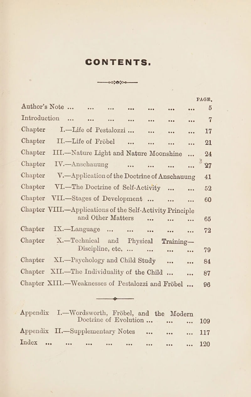 CONTENTS. ——003-6700—— Introduction Chapter I.—Life of Pestalozzi ... ate Sec wee Chapter II.—Life of Frobel Chapter III.—Nature Light and Nature Moonshine Chapter IV.—Anschauung : e Chapter _V.— Application of the Doctrine of Anschauung Chapter VI.—The Doctrine of Self-Activity Chapter VII.—Stages of Development ... ae Chapter VII1.—Applications of the Self-Activity Principle and Other Matters ACE ee Chapter IX.—Language eee ous Chapter X.—Technical and sensal Training— Discipline, etc, ... ene 500 Chapter XI.—Psychology and Child ee ys eee Chapter XII.—The Individuality of the Child ... Chapter XII1.—Weaknesses of Pestalozzi and Frobel .. a ee Appendix I.—Wordsworth, Friébel, and ne aun Doctrine of Evolution .. eee Index PAGE,
