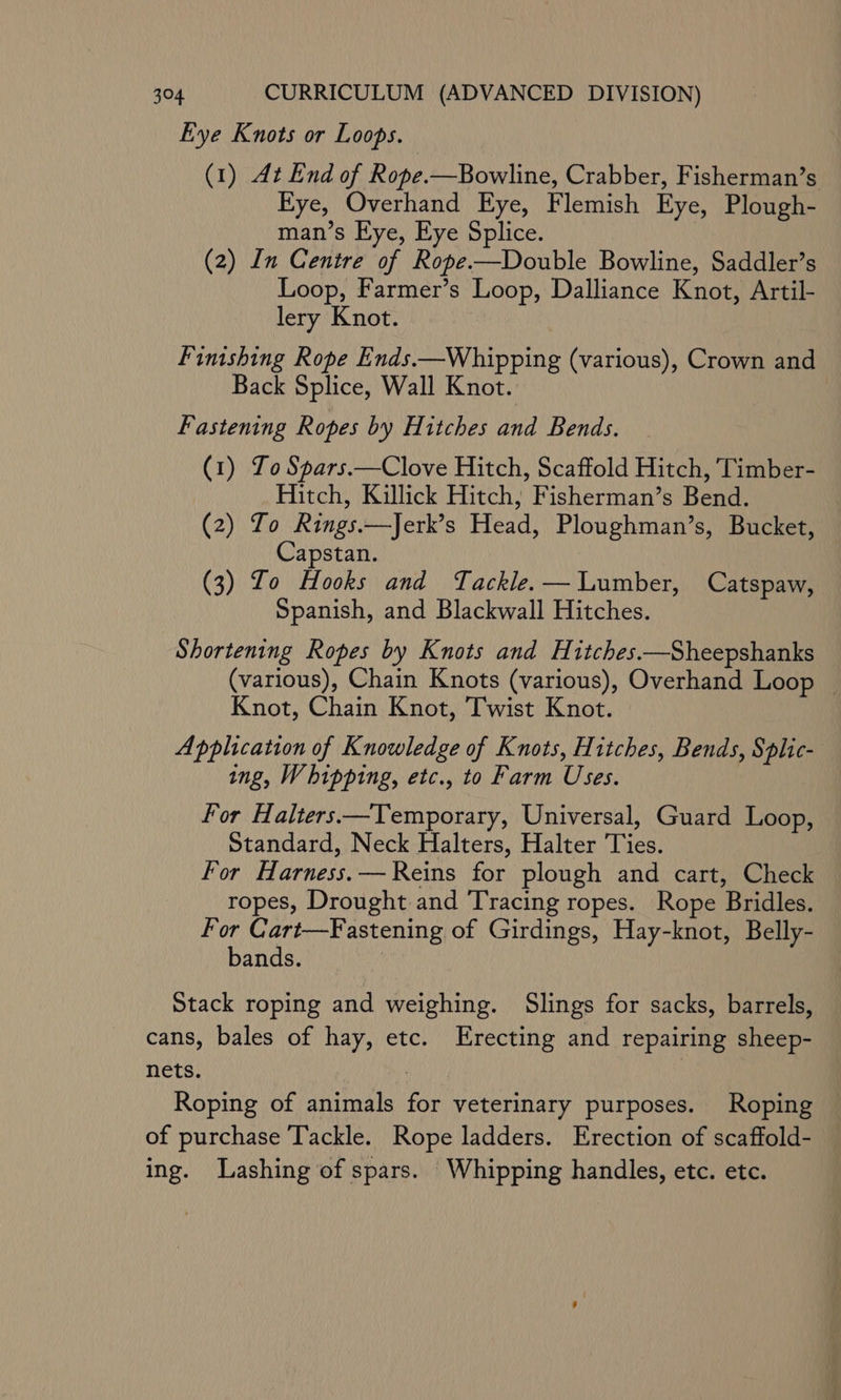 Eye Knots or Loops. (1) At End of Rope.—Bowline, Crabber, Fisherman’s Eye, Overhand Eye, Flemish Eye, Plough- man’s Eye, Eye Splice. (2) In Centre of Rope.—Double Bowline, Saddler’s Loop, Farmer’s Loop, Dalliance Knot, Artil- lery Knot. Finishing Rope Ends.—Whipping (various), Crown and Back Splice, Wall Knot. Fastening Ropes by Hitches and Bends. (1) Lo Spars.—Clove Hitch, Scaffold Hitch, Timber- Hitch, Killick Hitch, Fisherman’s Bend. (2) To Rings.—Jerk’s Head, Ploughman’s, Bucket, Capstan. (3) Lo Hooks and Tackle. — Lumber, Catspaw, Spanish, and Blackwall Hitches. Shortening Ropes by Knots and Hitches——Sheepshanks (various), Chain Knots (various), Overhand Loop — Knot, Chain Knot, Twist Knot. Application of Knowledge of Knots, Hitches, Bends, Splic- ing, Whipping, etc., to Farm Uses. For Halters—Temporary, Universal, Guard Loop, Standard, Neck Halters, Halter Ties. For Harness. — Reins for plough and cart, Check ropes, Drought and Tracing ropes. Rope Bridles. For Gart—Fastening of Girdings, Hay-knot, Belly- bands. : Stack roping and weighing. Slings for sacks, barrels, cans, bales of hay, etc. Erecting and repairing sheep- nets. : , Roping of animals for veterinary purposes. Roping — of purchase Tackle. Rope ladders. Erection of scaffold- ing. lLashing of spars. Whipping handles, etc. etc.