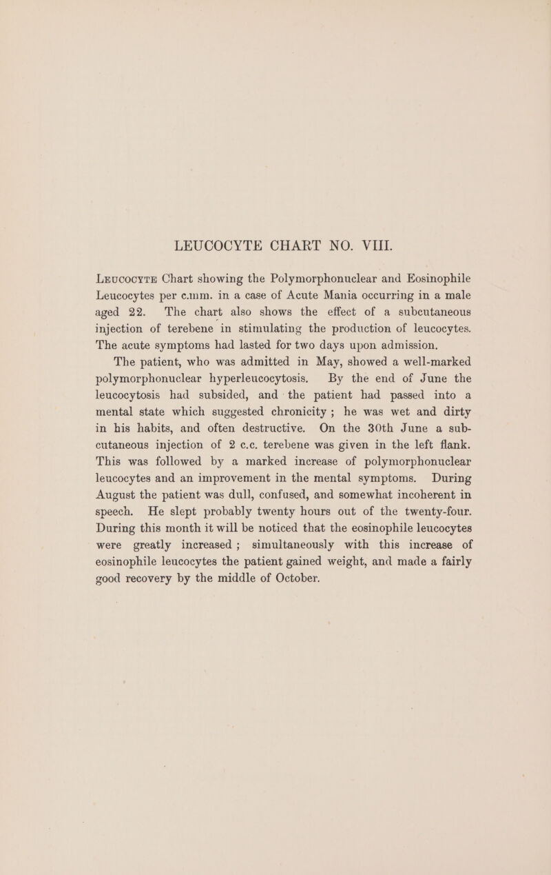 LrucocytE Chart showing the Polymorphonuclear and Eosinophile Leucocytes per c.mm. in a case of Acute Mania occurring in a male aged 22. The chart also shows the effect of a subcutaneous injection of terebene in stimulating the production of leucocytes. The acute symptoms had lasted for two days upon admission. The patient, who was admitted in May, showed a well-marked polymorphonuclear hyperleucocytosis, By the end of June the leucocytosis had subsided, andthe patient had passed into a mental state which suggested chronicity ; he was wet and dirty in his habits, and often destructive. On the 30th June a sub- cutaneous injection of 2 c.c. terebene was given in the left flank. This was followed by a marked increase of polymorphonuclear leucocytes and an improvement in the mental symptoms. During August the patient was dull, confused, and somewhat incoherent in speech. He slept probably twenty hours out of the twenty-four. During this month it will be noticed that the eosinophile leucocytes were greatly increased ; simultaneously with this increase of eosinophile leucocytes the patient gained weight, and made a fairly good recovery by the middle of October.