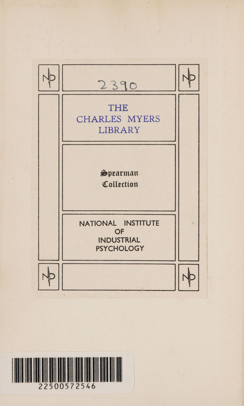 THE CHARLES MYERS LIBRARY Collection NATIONAL INSTITUTE OF INDUSTRIAL PSYCHOLOGY HUUAQURN