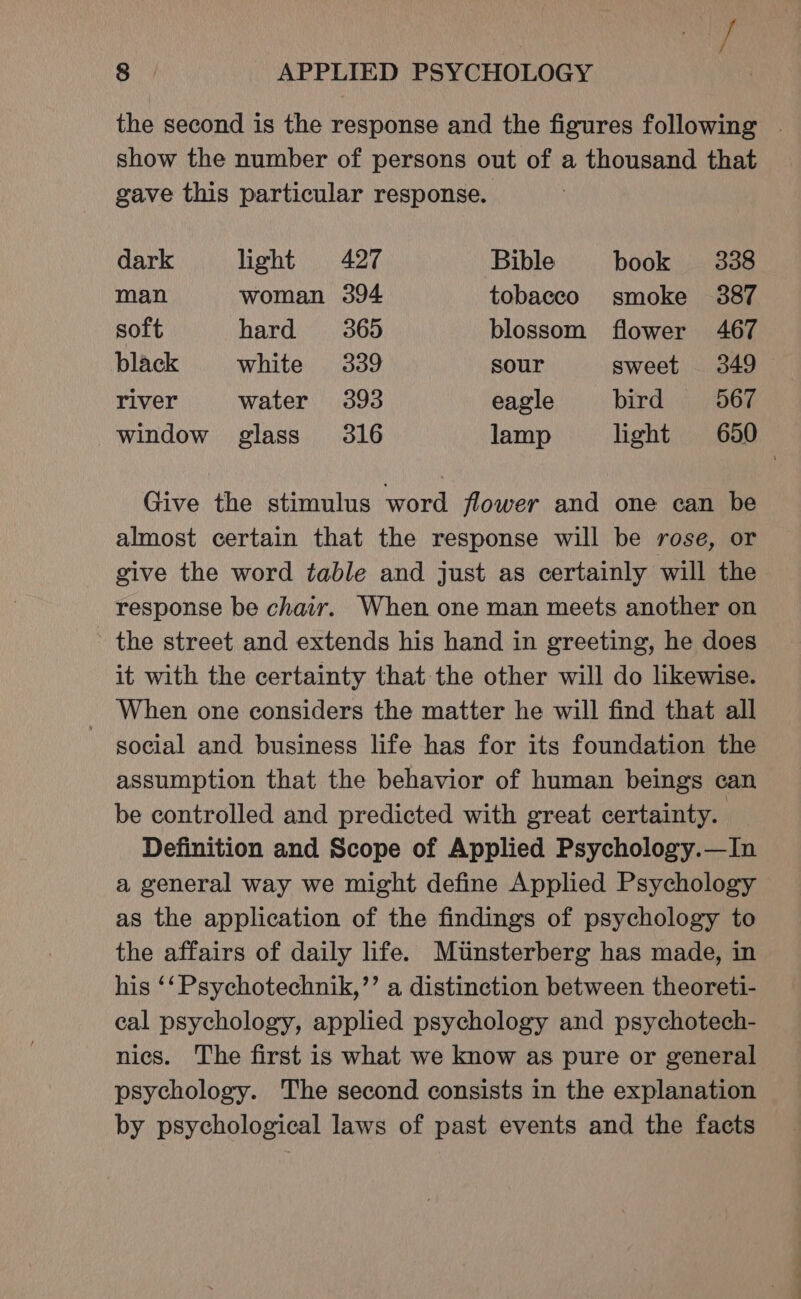 the second is the response and the figures following | show the number of persons out of a thousand that gave this particular response. dark light 427 Bible book 338 man woman 394 tobacco smoke 387 soft hard 369 blossom flower 467 black white 339 sour sweet 349 river water 393 eagle bird 9567 window glass 316 lamp light 650 Give the stimulus word flower and one can be almost certain that the response will be rose, or give the word table and just as certainly will the response be chair. When one man meets another on the street and extends his hand in greeting, he does it with the certainty that the other will do likewise. _ When one considers the matter he will find that all social and business life has for its foundation the assumption that the behavior of human beings can be controlled and predicted with great certainty. | Definition and Scope of Applied Psychology.—In a general way we might define Applied Psychology as the application of the findings of psychology to the affairs of daily life. Miunsterberg has made, in his ‘‘ Psychotechnik,’’ a distinction between theoreti- cal psychology, applied psychology and psychotech- nics. The first is what we know as pure or general psychology. The second consists in the explanation by psychological laws of past events and the facts