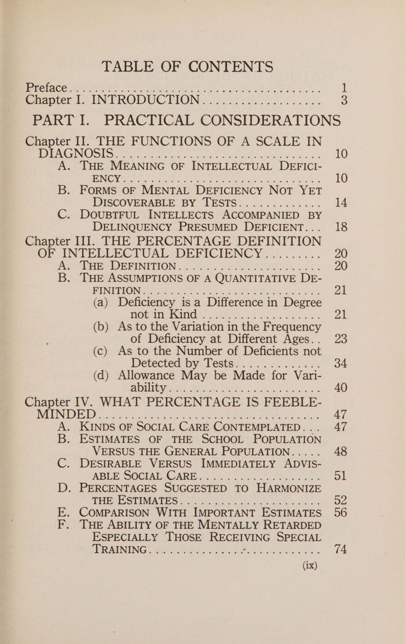 TABLE OF CONTENTS Chapter II. THE FUNCTIONS OF A SCALE IN ee pes Lr ee teat ae uy C53 @; Os 6 6) Kel (0; Tem (eo) ep te le: ‘ele ees 4:9)! «) /e) Ye, Kote)! 6) 6, le e108: sé. 01 “eo ENCY B. FORMS OF MENTAL DEFICIENCY NoT YET DISCOVERABLE BY TESTS............. C. DOUBTFUL INTELLECTS ACCOMPANIED BY DELINQUENCY PRESUMED DEFICIENT. . Chapter II]. THE PERCENTAGE DEFINITION OF INTEELECTUALYDEFICIENGCY:::...... PRR TDES OEPENETION.. S00 RSPR coe: B. THE ASSUMPTIONS OF A QUANTITATIVE DE- PUNGION 7 eee 2 SEO, OY) (a) Deficiency isa Difference in Degree Toppan 2 rs eet (b) As to the Variation in the Frequency of Deficiency at Different Ages. . (c) As to the Number of Deficients not Detected by Tests... .-....4:. (d) Allowance May be Made for Vari- UTC es it SM Sore Gee a MINDED ey Sree re reese sh at #78 Se Te Be ee KINDS OF SOCIAL CARE CONTEMPLATED. ESTIMATES OF THE SCHOOL POPULATION VERSUS THE GENERAL POPULATION..... DESIRABLE VERSUS IMMEDIATELY ADVIS- MEET SOCHAD, CARE aoe eo note ia ie . PERCENTAGES SUGGESTED TO HARMONIZE THE OSTINATO eS seh cectaees COMPARISON WITH IMPORTANT ESTIMATES THE ABILITY OF THE MENTALLY RETARDED ESPECIALLY THOSE BE CEANG SPECIAL PER AGRNG. ld Be el A Se cs et 10 10 14 18 20 20 ye | 21 23 34 40 A7 AT 48 ol o2 06