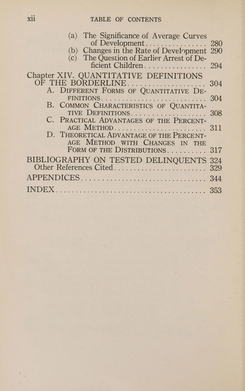 (a) The Significance of Average Curves ob Dévelopmentig =). a2, 0. 3s 5 280 (b) Changes in the Rate of Development 290 (c) The Question of Earlier Arrest of De- ncient-Chitdrens 7 42u~,.. a. 294 Chapter XIV. QUANTITATIVE DEFINITIONS OF THE BORDERLINE. oo oe 304 A. DIFFERENT FORMS OF QUANTITATIVE DE- PUEINGIIONS $5045, ek PE Ot Se Oe 304 . COMMON CHARACTERISTICS OF QUANTITA- TIVE IDEPINTRIONS eee ee ee fa 308 AGE WIE THOD ec nn. aaa ee Si . THEORETICAL ADVANTAGE OF THE PERCENT- AGE METHOD WITH CHANGES IN THE FORM OF THE DISTRIBUTIONS. ......... 317 BIBLIOGRAPHY ON TESTED DELINQUENTS 324 Other ReferencessCited 2 425) Betis. ee 329 APPENDICES on cic ee fois SRG eee eee 344 ee Om iy Ae) ve) &gt; QD fe (@) &gt; ea &gt; 2 &gt; Zz ae &gt; P e9) MN © 5} ‘ae Ly le) U ty w Q 3) Z “1