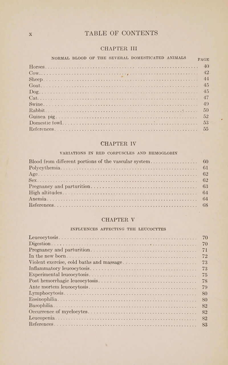 CHAPTER III NORMAL BLOOD OF THE SEVERAL DOMESTICATED ANIMALS PAGH PEGI BOB oes 5 edhe oe dun ee Pk Red SMe ee a a ee Ra 40 COW HE Sin IN ieee BAe eae te enna i gas eR SO a ap eek 42 PCED atta chur eek Reet en Team ee OM oh ates ie Ad rv E erase Fo won ee pe EO AES oy ee ete eee 45 DIOS eae tie hn lek et Saal ak eet das OAD ba Hee Tai rete eee nee 45 EN Oh ae eee nS ee SIDE LOR Mee Ser ORI E Coe Uy, Aled Ae 47 WIT Sos hs ceo ogee Sg LO seen AS eee ee 49 US Le] 6) Len PN ne SN ere Oem Mr cen teers Rend we Be lee Shy 2 oe 5 50 GUNG RM DIS a0 ee File eae weet ae eas Fe oe ie ay a Ii 52 Domestic fowl elicte. uicog cake wey oso oe et te ee ee 53 PLOTETENI CCS gcc tna. chad emer ee ee iene gullies: be ety hak gs SN ee eer 55) CHAPTER IV VARIATIONS IN RED CORPUSCLES AND HEMOGLOBIN Blood from different portions of the vascular system.................. 60 Polycythemia...... Soe is cod Cait ce ph Bie coals se. abe net a OOM Bee ECE ee 61 AL One ten tetera Onc: Be aiid SAR ae cas Nate ee Ret Te. ae ee ee Meee 62 SEX Sa eretineei doce ae cok one 2h CP Ree ANE, Sea Rl Weta eees tAltions als, Re MMe Mone nn are eee 62 RegNaNCysalid PArtliriblOny sites ee eee nee eae re er 63 TLIC TIAALUILUC ES Ac. cn ee eae ieee Mehakete le maceete alt Noe cits Gonat toe eee ee 64 JNTUS COVE yell NRO re RARE TEL, A eR OUR goes Oe idinapey amr en, Om 64 RGLETONCESEs wire. oN Se hee te et ae eR ee 68 CHAPTER V INFLUENCES AFFECTING THE LEUCOCYTES TetICOCVLOSIS fate 5 rete Secs lee et aloes he ok aa eee od ee 70 DIVES TON eecrne seek ta ass See CE ee ee a Fine eet. Fae eee 70 Bregnancy, ANd | ParturitiGn wwe yee eee rk dee ee fal TR phe EW! DOLT ik orci gwia seeb ef ee tae tie adored i a ie eee ee ee 72 Violent exercise, cold baths and massage. +.......................-.-. 73 inflame toryscucocy LOGIS x4 ak tibet oe, Seer ee A ee es we 13 BxpermentalaenlCocy tosis tse ae 7 eee ee ate es en 75 Post hemorrhagic lenucocytosisar.: ee et ce eee ae ee eee 78 Ponte Worlent den Gocy tosis. ss, a ee ee Re ea tts bin hee ee 79 ENV INPOOGY LOSIS 25 yet oy as ale s,0 swat Saket Wah Mareen ak Ca Ween ae 80 POSITS tras tend, gos a ssh ancl, Ecard RAN SRE eee eas 80 BPEL LL iit endo 'e Sas 6, bape tte: &lt; nak! Ma age icp nae ete at ne 82 ciccurrence ol myelocytesiz s..5-... oes se ce ee ne ee ee 82 CSE OLIDSCAILER Wd pete. ss “x, vig, ah 5 Si ew bs woe ws 3e LA a Rk aR ok Re a 82 EL CTOTON GES Ber se Wee os shi ee ee a ae eee ee ne ee 83