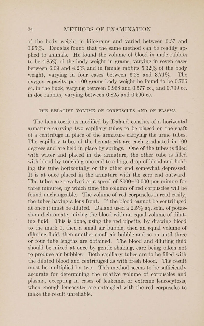 of the body weight in kilograms and varied between 0.57 and 0.95%. Douglas found that the same method can be readily ap- plied to animals. He found the volume of blood in male rabbits to be 4.85% of the body weight in grams, varying in seven cases between 6.09 and 4.2% and in female rabbits 5.82% of the body weight, varying in four cases between 6.28 and 3.71%. The oxygen capacity per 100 grams body weight he found to be 0.706 ec. in the buck, varying between 0.968 and 0.577 cc., and 0.739 ce. in doe rabbits, varying between 0.825 and 0.596 ce. THE RELATIVE VOLUME OF CORPUSCLES AND OF PLASMA The hematocrit as modified by Daland consists of a horizontal armature carrying two capillary tubes to be placed on the shaft of a centrifuge in place of the armature carrying the urine tubes. The capillary tubes of the hematocrit are each graduated in 100 degrees and are held in place by springs. One of the tubes is filled with water and placed in the armature, the other tube is filled with blood by touching one end to a large drop of blood and hold- ing the tube horizontally or the other -end somewhat depressed. It is at once placed in the armature with the zero end outward. The tubes are revolved at a speed of 8000-10,000 per minute for three minutes, by which time the column of red corpuscles will be found unchangeable. The volume of red corpuscles is read easily, the tubes having a lens front. If the blood cannot be centrifuged at once it must be diluted. Daland used a 2.5% aq. soln. of potas- sium dichromate, mixing the blood with an equal volume of dilut- ing fluid. This is done, using the red pipette, by drawing blood to the mark 1, then a small air bubble, then an equal volume of diluting fluid, then another small air bubble and so on until three or four tube lengths are obtained. The blood and diluting fluid should be mixed at once by gentle shaking, care being taken not to produce air bubbles. Both capillary tubes are to be filled with the diluted blood and centrifuged as with fresh blood. The result must be multiplied by two. This method seems to be sufficiently accurate for determining the relative volume of corpuscles and plasma, excepting in cases of leukemia or extreme leucocytosis, when enough leucocytes are entangled with the red corpuscles to make the result unreliable.