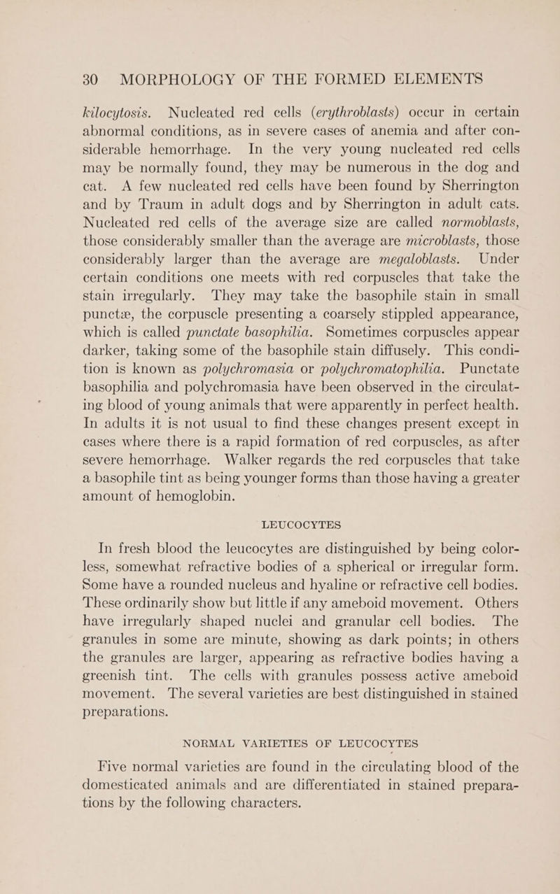 kilocytosis. Nucleated red cells (erythroblasts) occur in certain abnormal conditions, as in severe cases of anemia and after con- siderable hemorrhage. In the very young nucleated red cells may be normally found, they may be numerous in the dog and cat. A few nucleated red cells have been found by Sherrington and by Traum in adult dogs and by Sherrington in adult cats. Nucleated red cells of the average size are called normoblasts, those considerably smaller than the average are microblasts, those considerably larger than the average are megaloblasts. Under certain conditions one meets with red corpuscles that take the stain irregularly. They may take the basophile stain in small puncte, the corpuscle presenting a coarsely stippled appearance, which is called punctate basophilia. Sometimes corpuscles appear darker, taking some of the basophile stain diffusely. This condi- tion is known as polychromasia or polychromatophilia. Punctate basophilia and polychromasia have been observed in the circulat- ing blood of young animals that were apparently in perfect health. In adults it is not usual to find these changes present except in cases where there is a rapid formation of red corpuscles, as after severe hemorrhage. Walker regards the red corpuscles that take a basophile tint as being younger forms than those having a greater amount of hemoglobin. LEUCOCYTES In fresh blood the leucocytes are distinguished by being color- less, somewhat refractive bodies of a spherical or irregular form. Some have a rounded nucleus and hyaline or refractive cell bodies. These ordinarily show but little if any ameboid movement. Others have irregularly shaped nuclei and granular cell bodies. The granules in some are minute, showing as dark points; in others the granules are larger, appearing as refractive bodies having a greenish tint. The cells with granules possess active ameboid movement. The several varieties are best distinguished in stained preparations. NORMAL VARIETIES OF LEUCOCYTES Five normal varieties are found in the circulating blood of the domesticated animals and are differentiated in stained prepara- tions by the following characters.