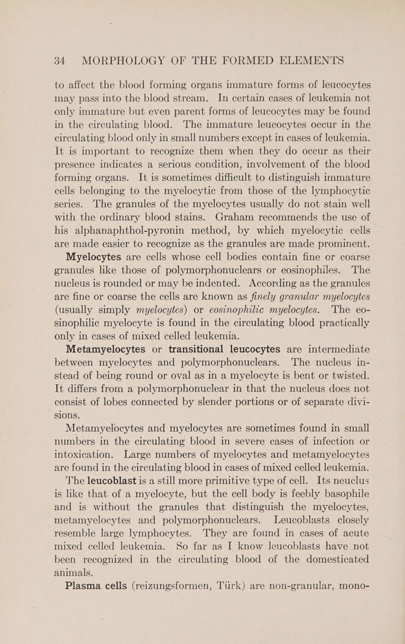 to affect the blood forming organs immature forms of leucocytes may pass into the blood stream. In certain cases of leukemia not only immature but even parent forms of leucocytes may be found in the circulating blood. The immature leucocytes occur in the circulating blood only in small numbers except in cases of leukemia. lt is important to recognize them when they do occur as their presence indicates a serious condition, involvement of the blood forming organs. It is sometimes difficult to distinguish immature cells belonging to the myelocytic from those of the lymphocytic series. The granules of the myelocytes usually do not stain well with the ordinary blood stains. Graham recommends the use of his alphanaphthol-pyronin method, by which myelocytic cells are made easier to recognize as the granules are made prominent. Myelocytes are cells whose cell bodies contain fine or coarse granules like those of polymorphonuclears or eosinophiles. The nucleus is rounded or may be indented. According as the granules are fine or coarse the cells are known as finely granular myelocytes (usually simply myelocytes) or eosinophilic myelocytes. The eo- sinophilic myelocyte is found in the circulating blood practically only in cases of mixed celled leukemia. Metamyelocytes or transitional leucocytes are intermediate between myelocytes and polymorphonuclears. The nucleus in- stead of being round or oval as in a myelocyte is bent or twisted. It differs from a polymorphonuclear in that the nucleus does not consist of lobes connected by slender portions or of separate divi- sions. Metamyelocytes and myelocytes are sometimes found in small numbers in the circulating blood in severe cases of infection or intoxication. Large numbers of myelocytes and metamyelocytes are found in the circulating blood in cases of mixed celled leukemia. The leucoblast is a still more primitive type of cell. Its neuclus is like that of a myelocyte, but the cell body is feebly basophile and is without the granules that distinguish the myelocytes, metamyelocytes and polymorphonuclears. Leucoblasts closely resemble large lymphocytes. They are found in cases of acute mixed celled leukemia. So far as I know leucoblasts have not been recognized in the circulating blood of the domesticated animals. Plasma cells (reizungsformen, Turk) are non-granular, mono-