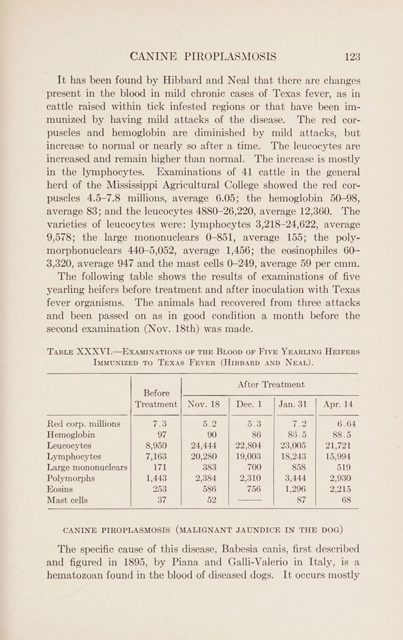 It has been found by Hibbard and Neal that there are changes present in the blood in mild chronic cases of Texas fever, as in cattle raised within tick infested regions or that have been im- munized by having mild attacks of the disease. The red cor- puscles and hemoglobin are diminished by mild attacks, but increase to normal or nearly so after a time. The leucocytes are increased and remain higher than normal. The increase is mostly in the lymphocytes. Examinations of 41 cattle in the general herd of the Mississippi Agricultural College showed the red cor- puscles 4.5-7.8 millions, average 6.05; the hemoglobin 50-98, average 83; and the leucocytes 4880—-26,220, average 12,360. The varieties of leucocytes were: lymphocytes 3,218—-24,622, average 9,578; the large mononuclears 0-851, average 155; the poly- morphonuclears 440-5,052, average 1,456; the eosinophiles 60- 3,320, average 947 and the mast cells 0-249, average 59 per cmm. The following table shows the results of examinations of five yearling heifers before treatment and after inoculation with Texas fever organisms. The animals had recovered from three attacks and been passed on as in good condition a month before the second examination (Nov. 18th) was made. TABLE XXX VI.—EXAMINATIONS OF THE BLoopD oF FIVE YEARLING HEIFERS IMMUNIZED TO TEXAS FEVER (HIBBARD AND NEAL). After Treatment Before Treatment | Nov. 18 Dee. 1 Jan. 31 Apr. 14 Red corp. millions eo Ne ae 0 6.64 Hemoglobin 97 90 86 86.5 88.5 Leucocytes 8,950 24,444 22,804 23,005 PA AL Lymphocytes 7,163 20,280 19,003 18,243 15,994 Large mononuclears 171 383 700 858 519 Polymorphs 1,443 2,384 2,310 3,444 2,930 Eosins 253 586 756 1,296 2,215 Mast cells aye 52 a 87 68 CANINE PIROPLASMOSIS (MALIGNANT JAUNDICE IN THE DOG) The specific cause of this disease, Babesia canis, first described and figured in 1895, by Piana and Galli-Valerio in Italy, is a hematozoan found in the blood of diseased dogs. It occurs mostly