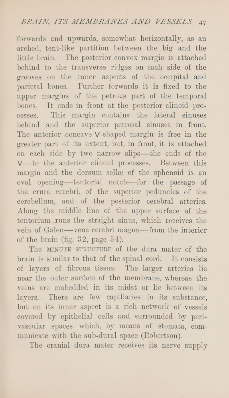 forwards and upwards, somewhat horizontally, as an arched, tent-like partition between the big and the little brain. The posterior convex margin is attached behind to the transverse ridges on each side of the grooves on the inner aspects of the occipital and parietal bones. Further forwards it is fixed to the upper margins of the petrous part of the temporal bones. It ends in front at the posterior clinoid pro- cesses. This margin contains the lateral sinuses behind and the superior petrosal sinuses in front. The anterior concave V-shaped margin is free in the greater part of its extent, but, in front, it is attached on each side by two narrow slips—the ends of the V—to the anterior clinoid processes. Between this margin and the dorsum selle of the sphenoid is an oval opening—tentorial notch—for the passage of the crura cerebri, of the superior peduncles of the cerebellum, and of the posterior cerebral arteries. Along the middle line of the upper surface of the tentorium runs the straight sinus, which receives the vein of Galen—vena cerebri magna—from the interior of the brain (fig. 32, page 54). The MINUTE STRUCTURE of the dura mater of the brain is similar to that of the spinal cord. It consists of layers of fibrous tissue. The larger arteries lie near the outer surface of the membrane, whereas the veins are embedded in its midst or lie between its layers. There are few capillaries in its substance, but on its inner aspect is a rich network of vessels covered by epithelial cells and surrounded by peri- vascular spaces which, by means of stomata, com- municate with the sub-dural space (Robertson). The cranial dura mater receives its nerve supply
